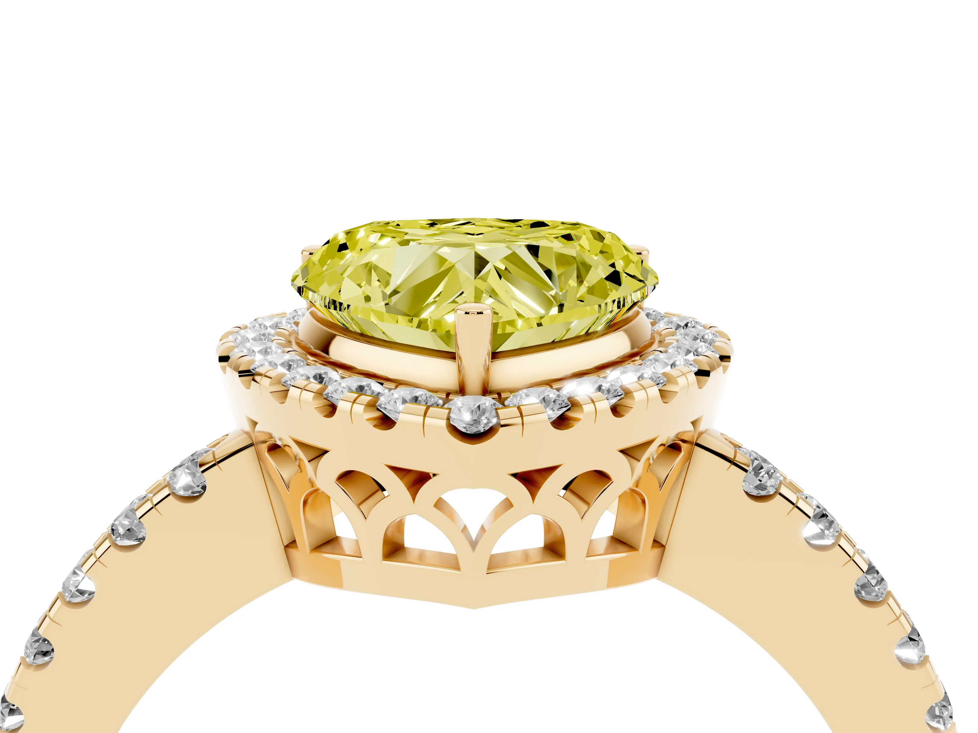 Fancy Yellow Heart Cut Diamond Pavé Band Halo Engagement Ring Set in Yellow gold with Prong Setting