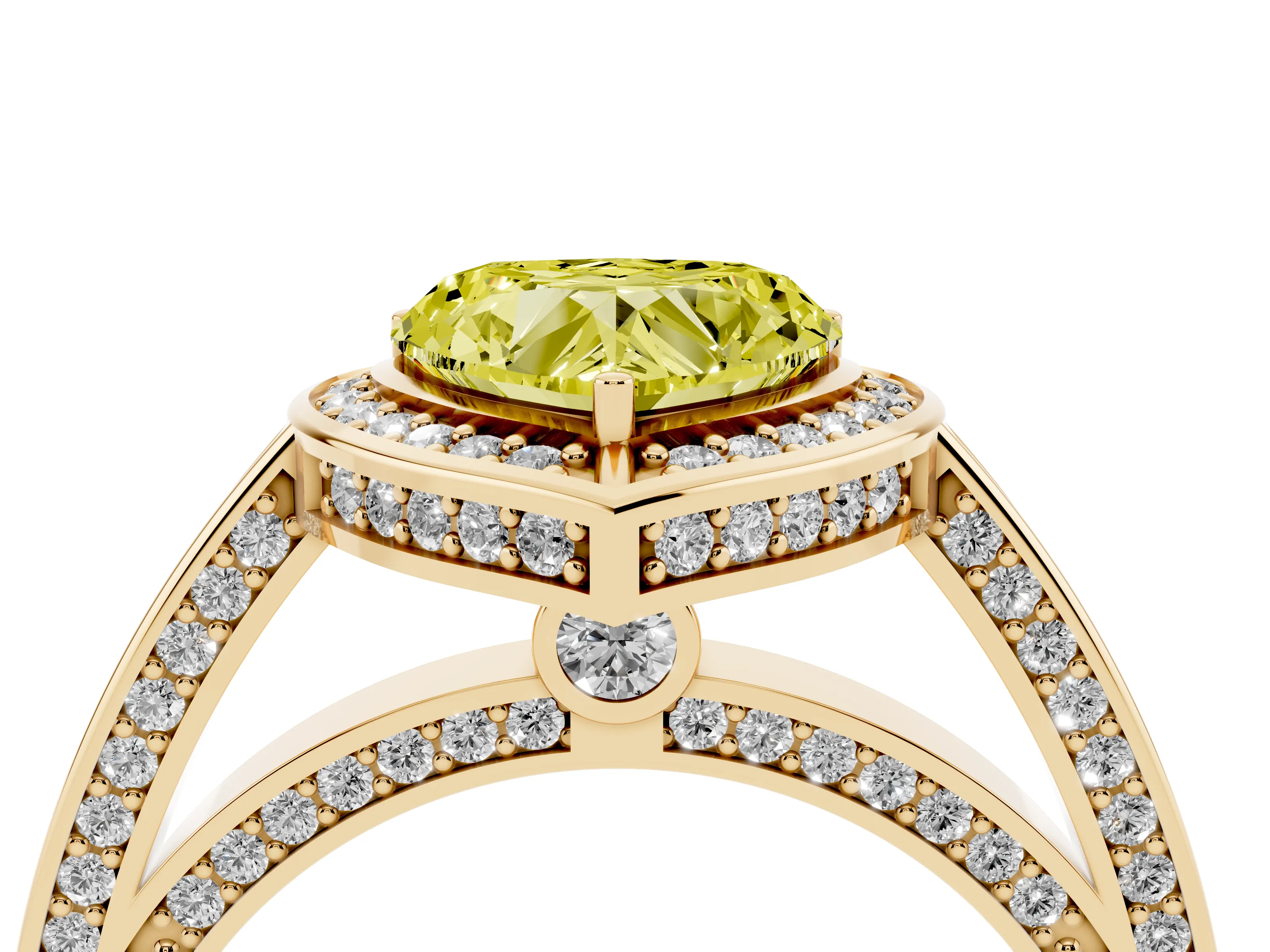 Fancy Yellow Heart Cut Diamond Halo Pavé Split Shank Ring Set in Yellow gold with Prong Setting