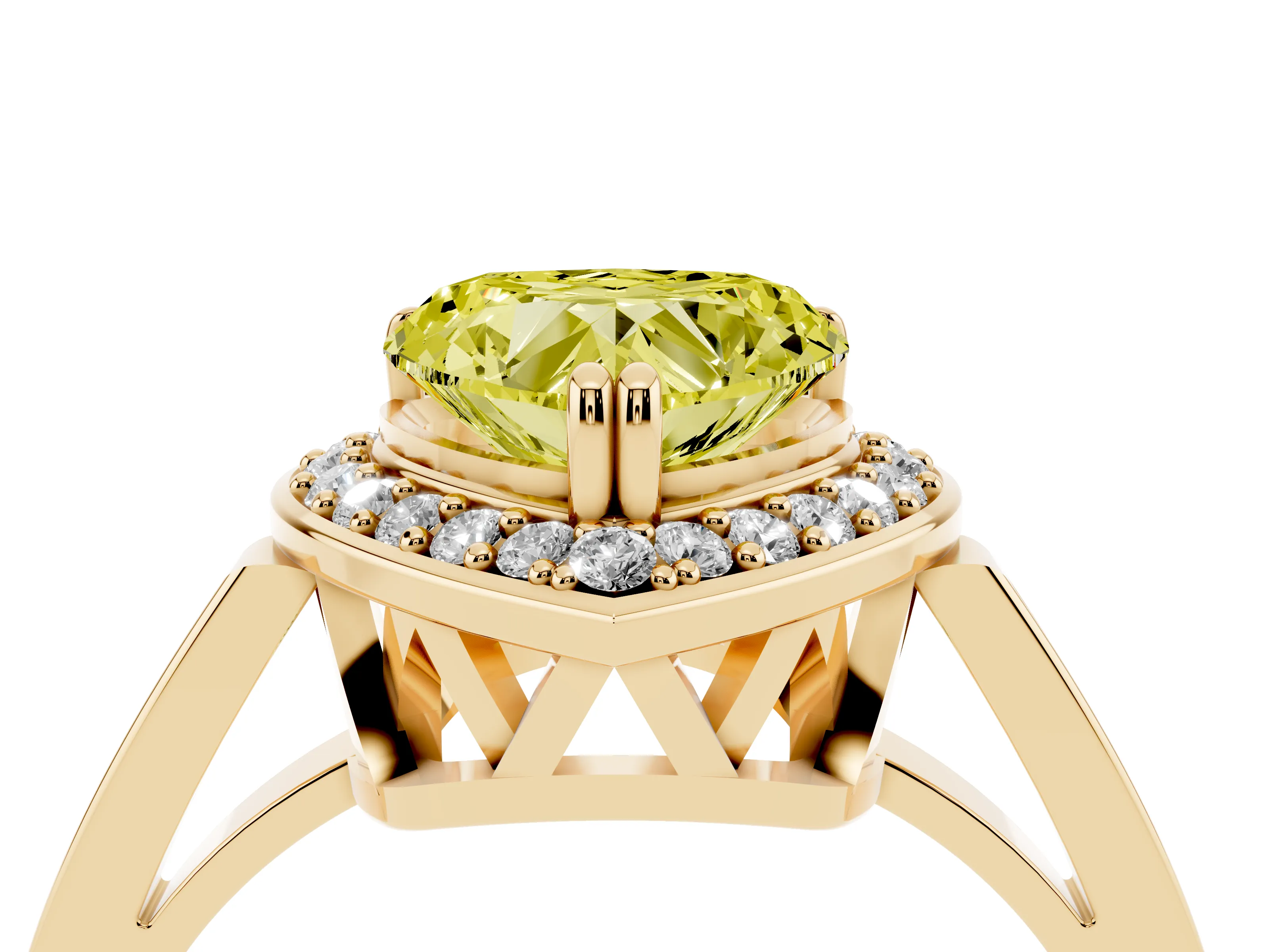 Fancy Yellow Heart Cut Diamond Halo Ring Set in Yellow gold with Accent-Lined Split Shank and Prong Setting