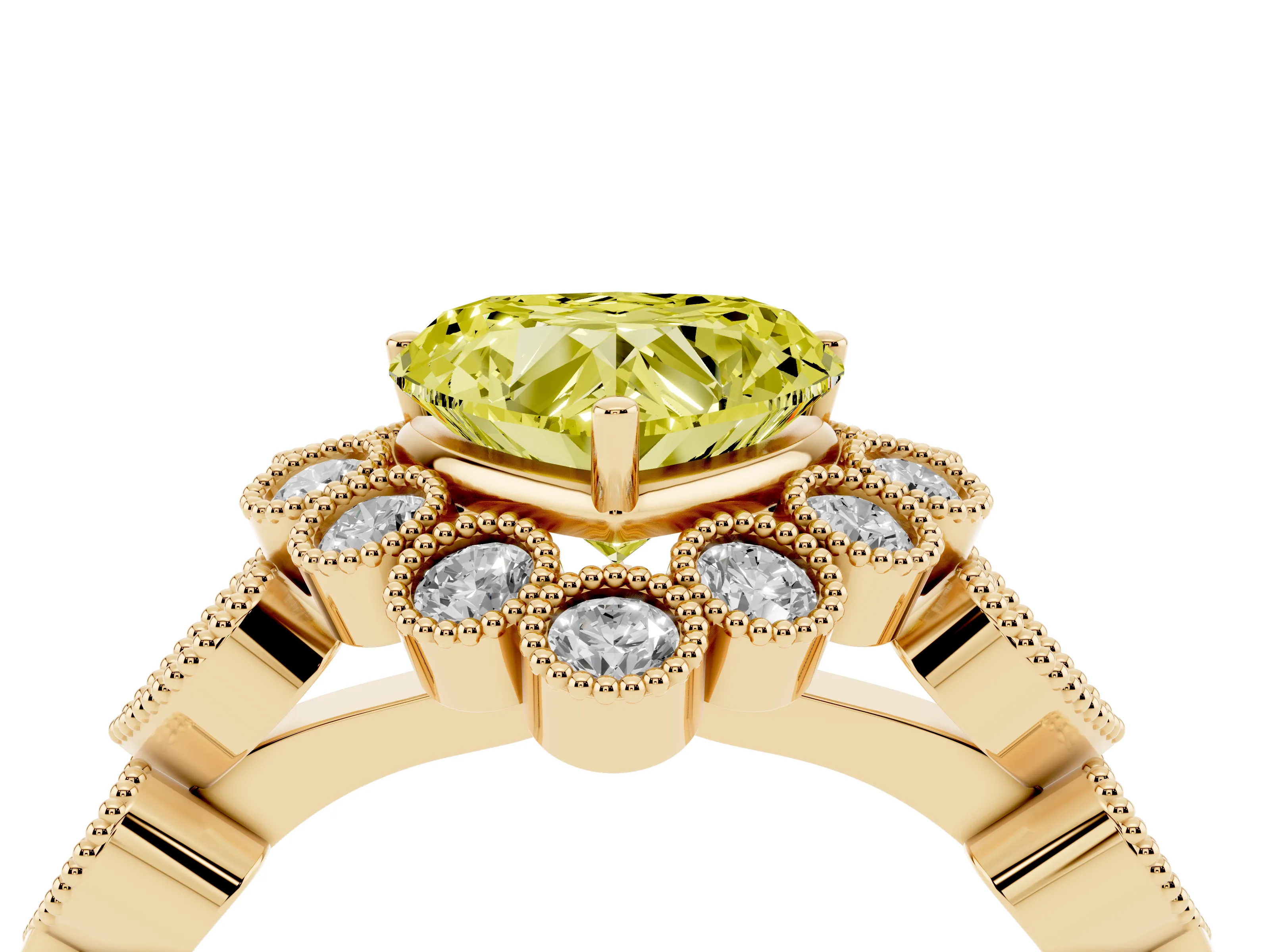 Fancy Yellow Heart Cut Diamond Solitaire Ring Set in Yellow gold with Milgrain Pavé Heart Band