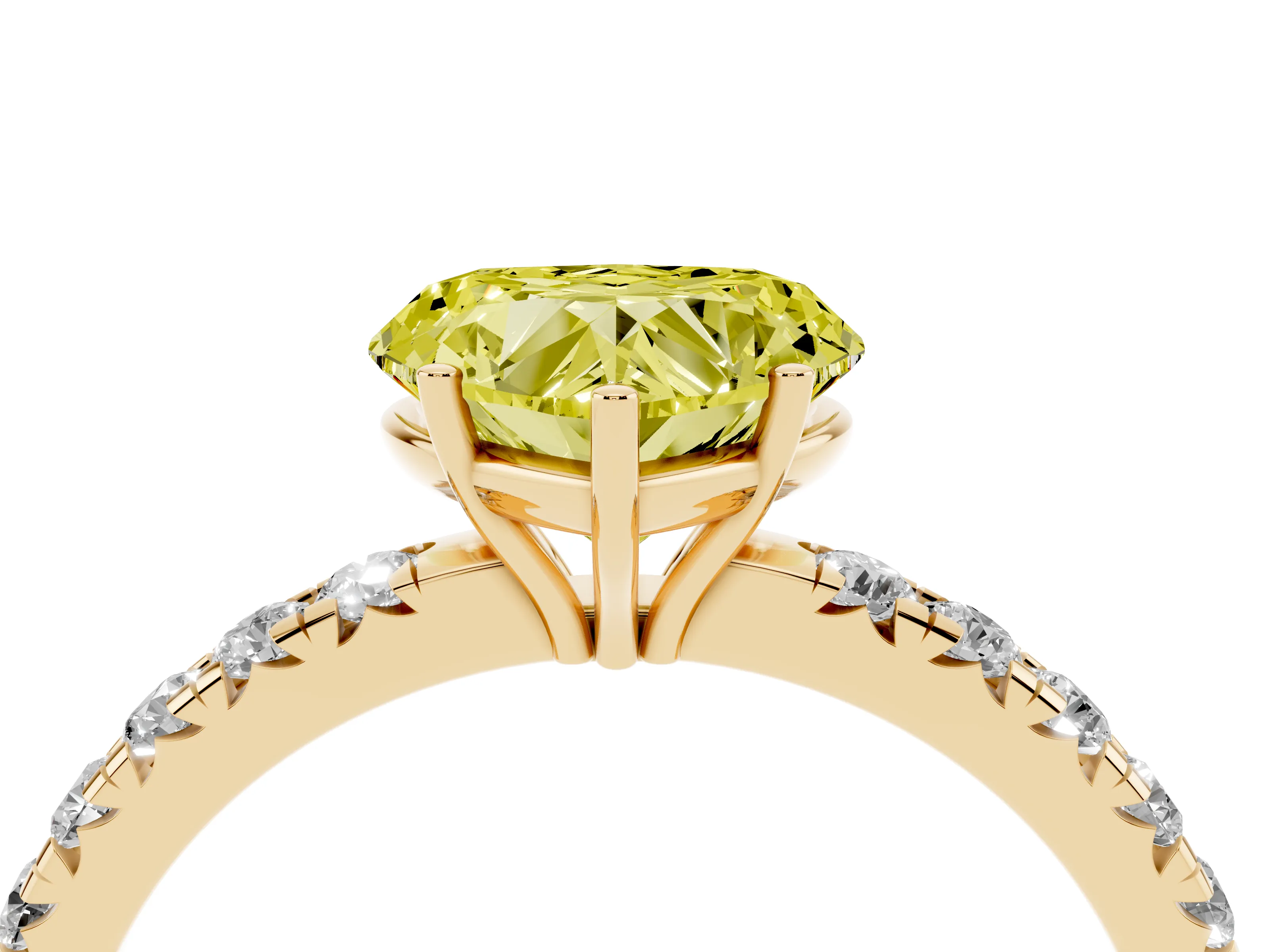 Fancy Yellow Heart Cut Diamond Pavé Solitaire Engagement Ring Set in Yellow gold with Prong Setting
