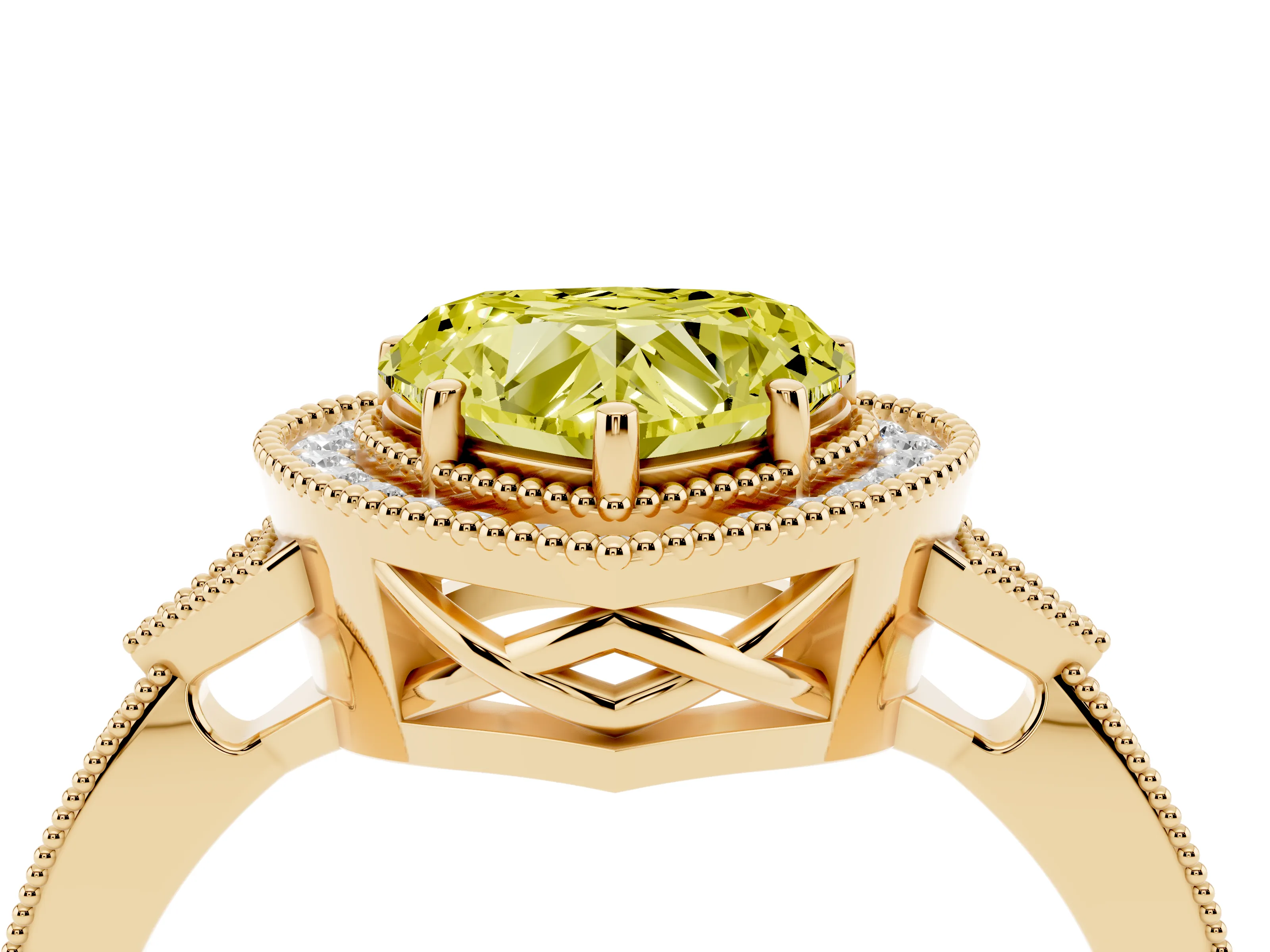 Fancy Yellow Heart Cut Diamond Halo Engagement Ring Set in Yellow gold with Milgrain Pavé Band