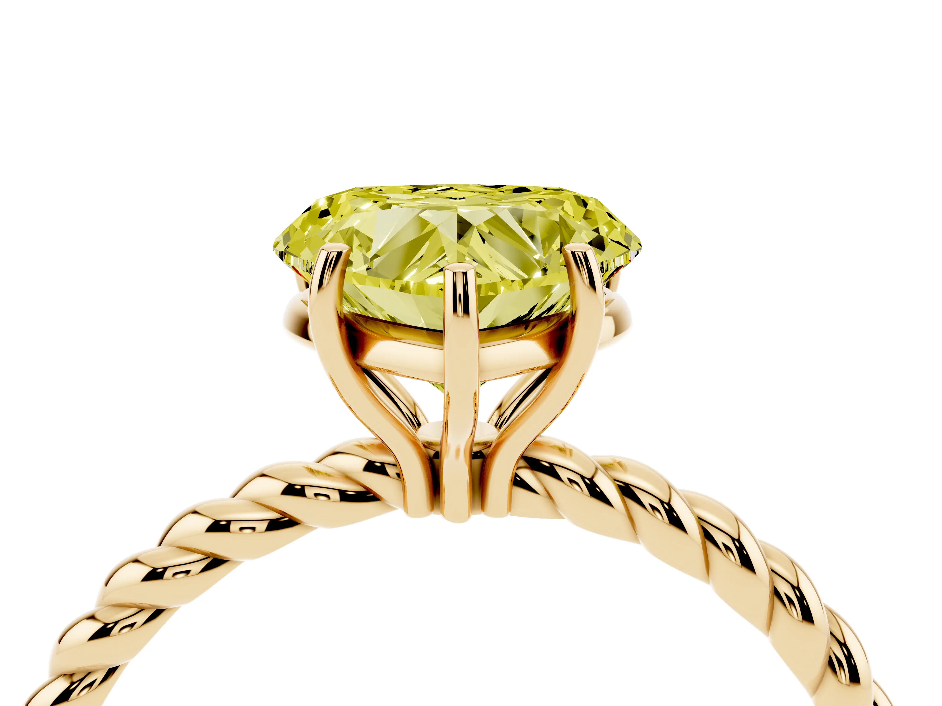 Fancy Yellow Heart Cut Diamond Solitaire Ring Set in Yellow gold with Twist Band and Prong Setting