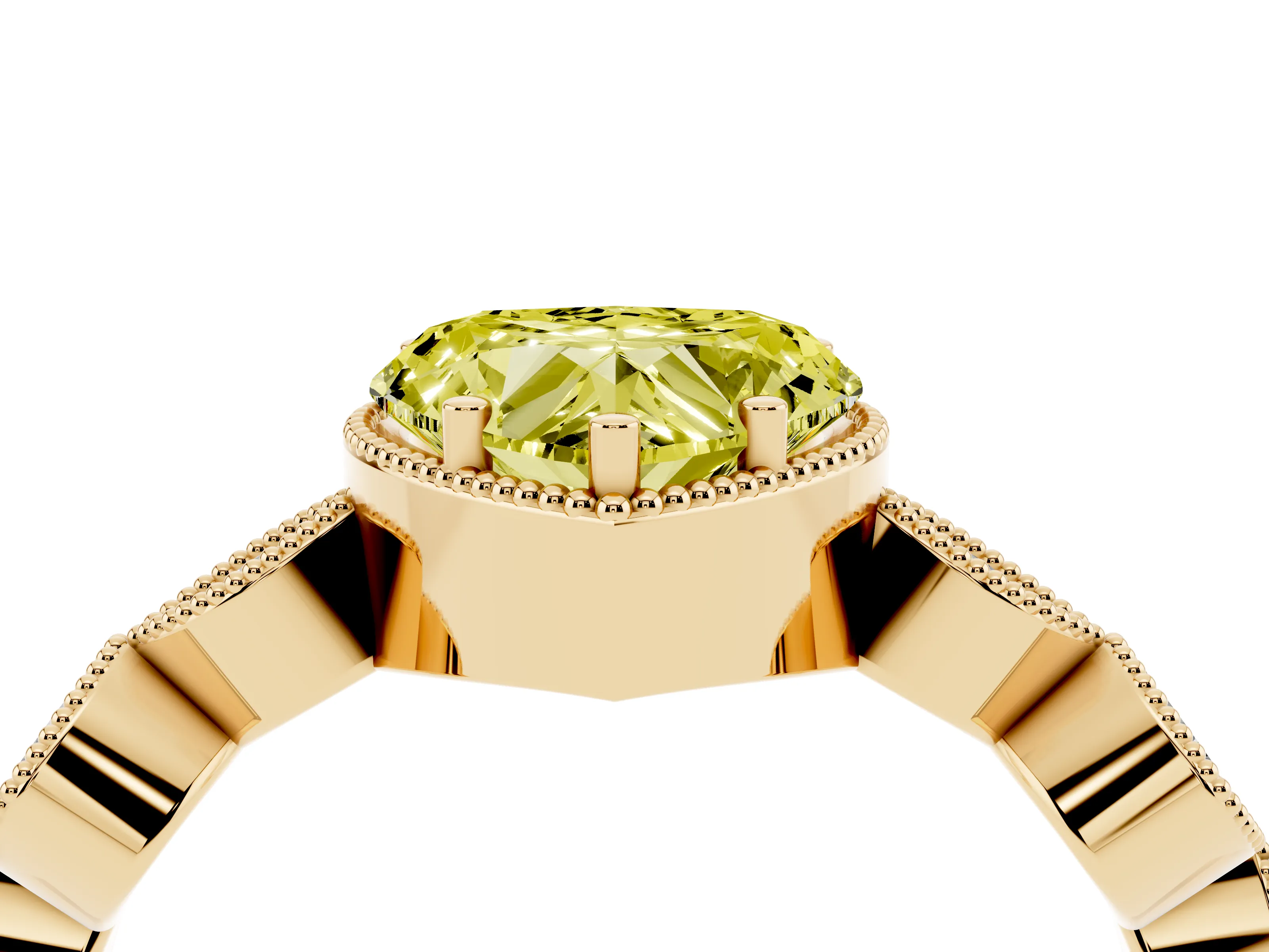 Fancy Yellow Heart Cut Diamond Vintage-Inspired Milgrain Ring Set in Yellow gold with Marquise Stations of Round Accents