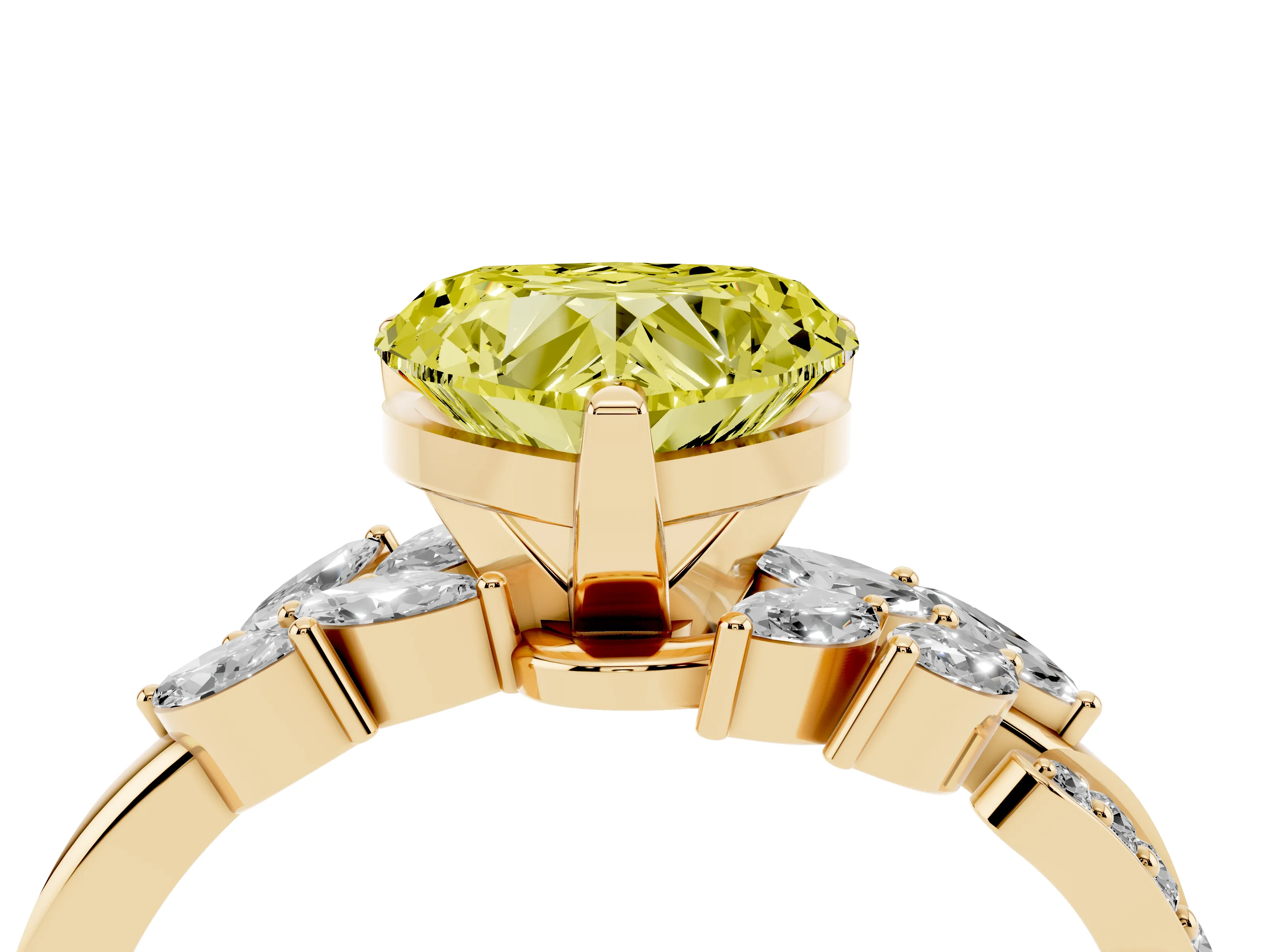 Fancy Yellow Heart Cut Diamond Solitaire Ring Set in Yellow gold with Marquise Twist Band and Prong Setting