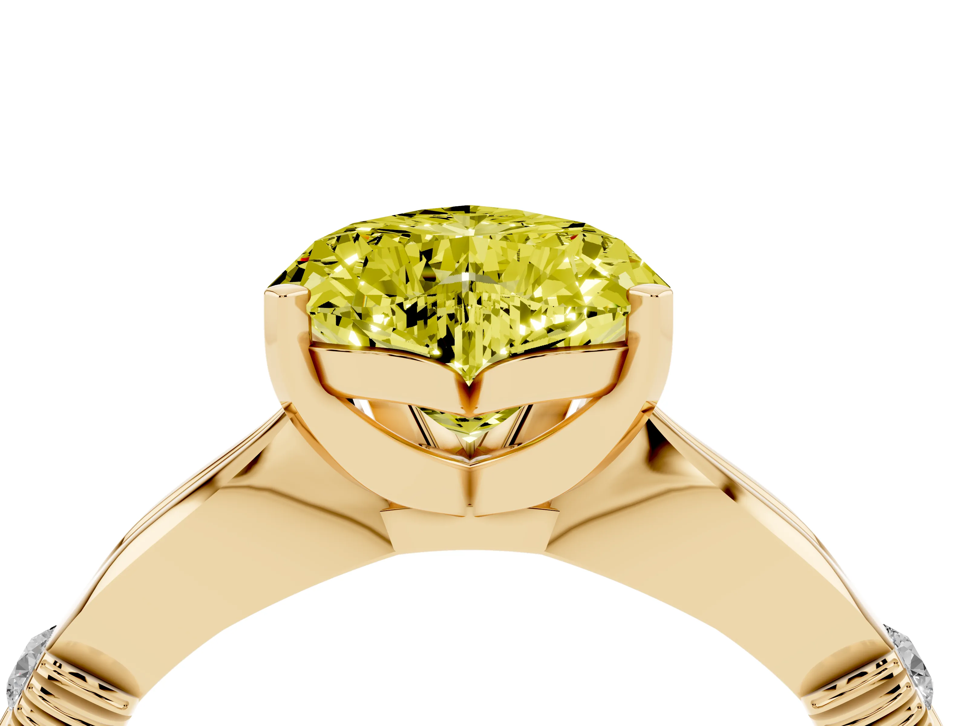 Fancy Yellow Heart Cut Diamond Solitaire Twisted Band Ring Set in Yellow gold with Accent Stones and Prong Setting
