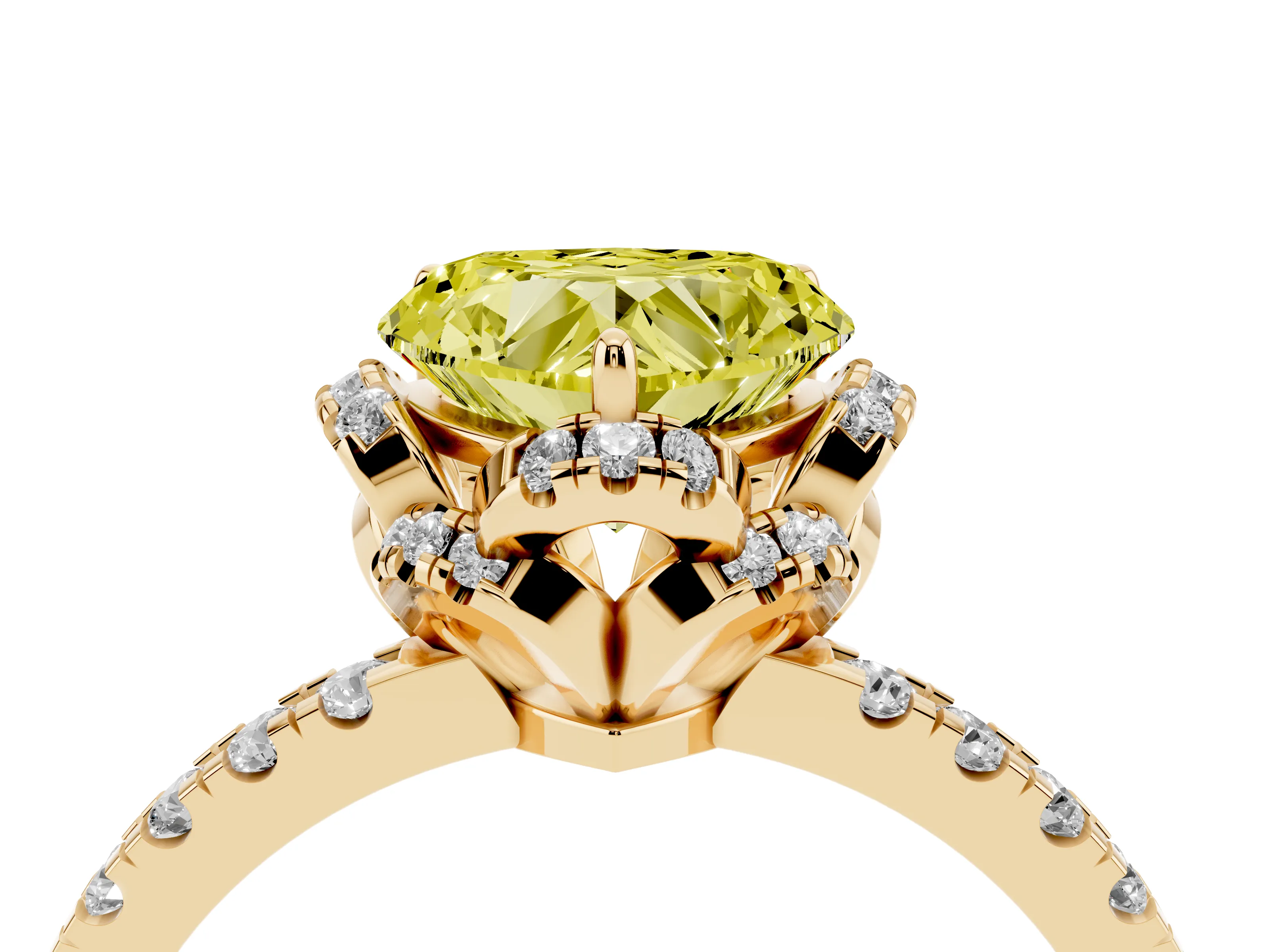 Fancy Yellow Heart Cut Diamond Halo Pavé Band Ring Set in Yellow gold with Prong-Held Center