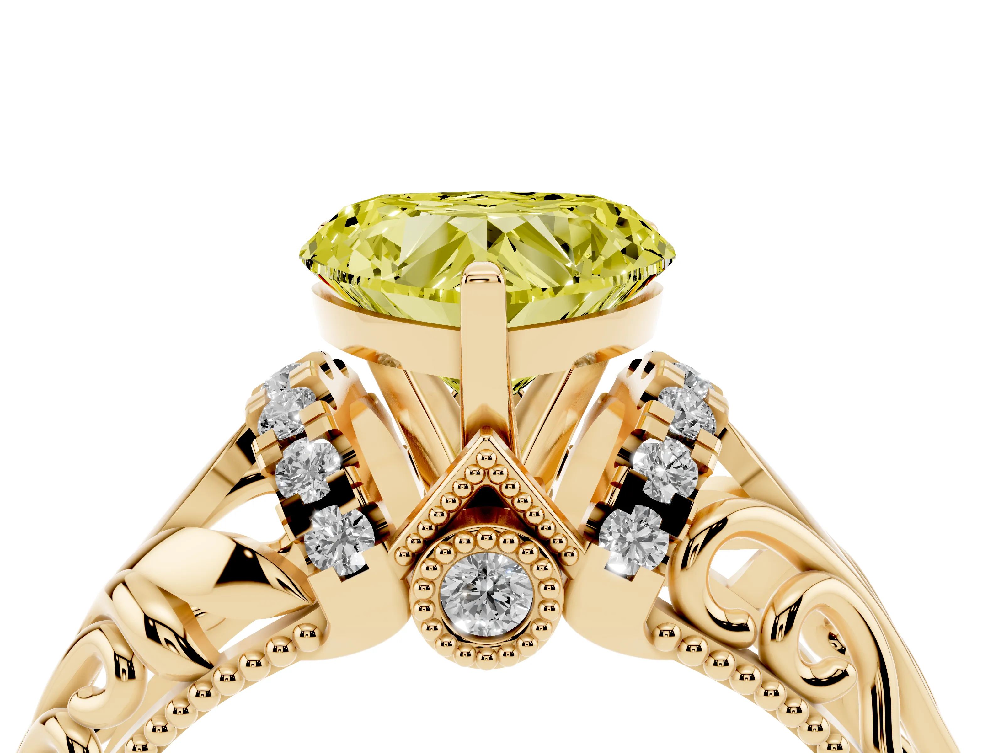 Fancy Yellow Heart Cut Diamond Filigree Halo Engagement Ring Set in Yellow gold with Prong Setting