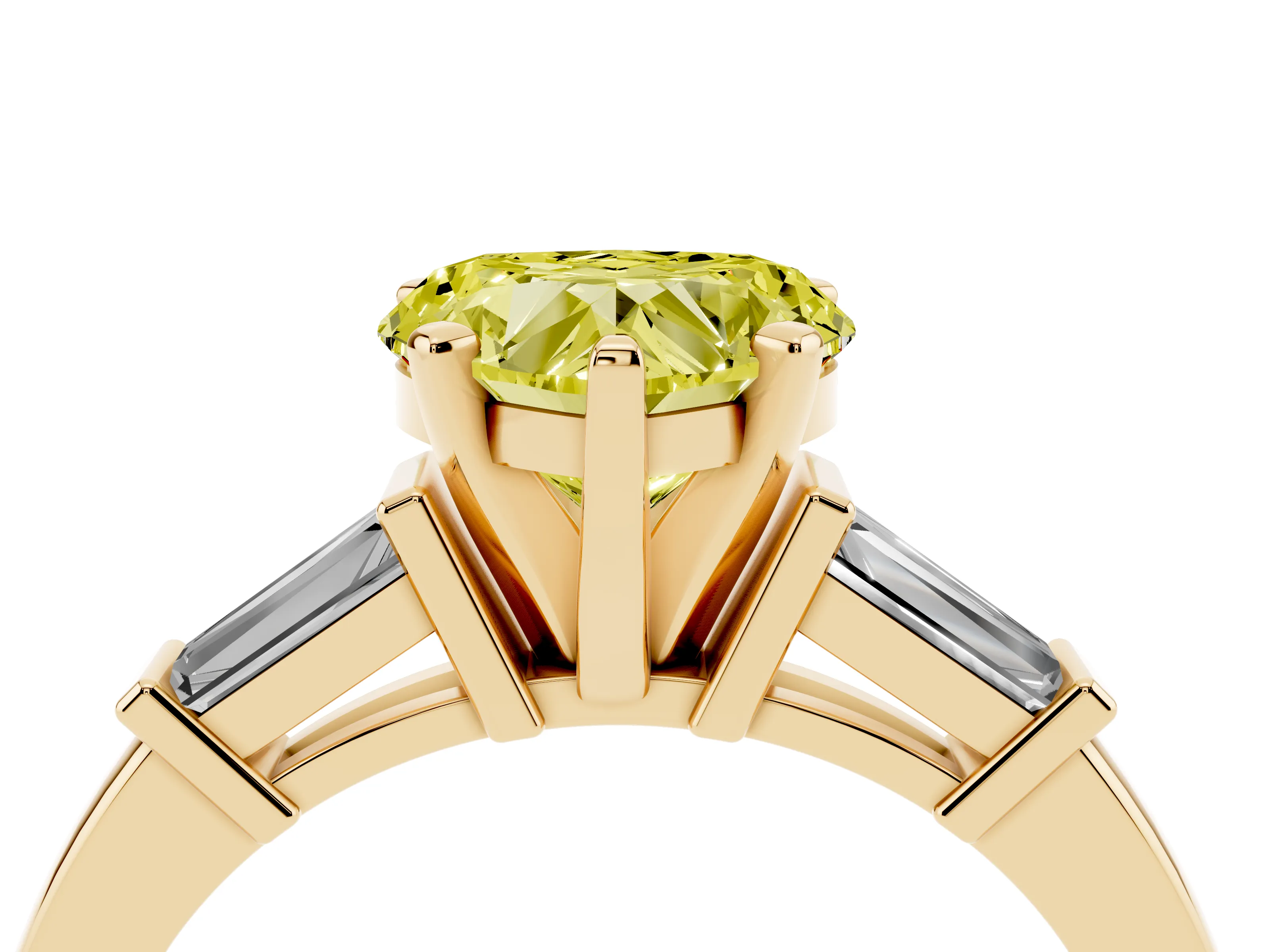 Fancy Yellow Heart Cut Diamond Solitaire Ring Set in Yellow gold with Tapered Baguette Accents and Prong Setting