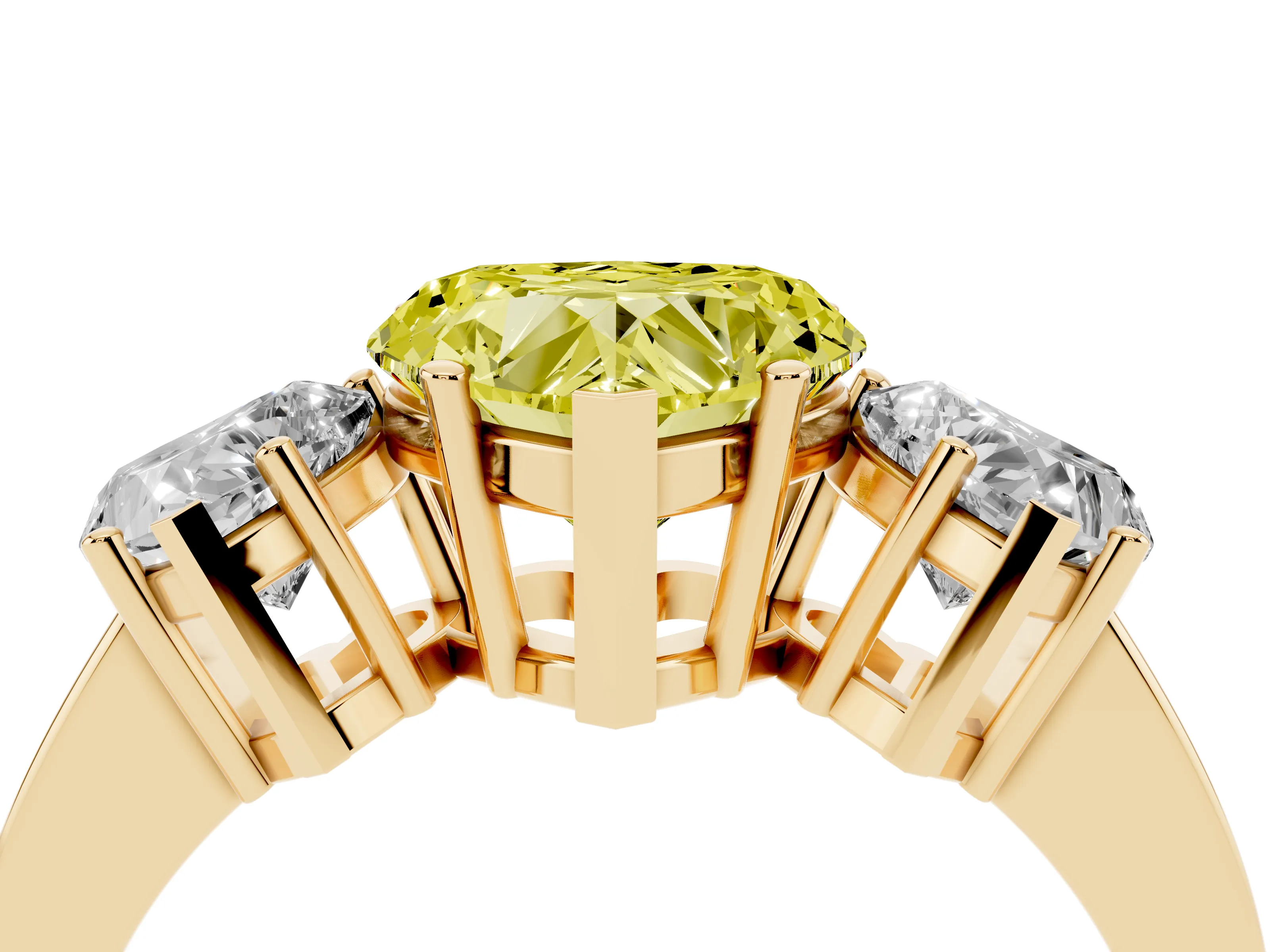 Fancy Yellow Heart Cut Diamond Three-Stone Engagement Ring Set in Yellow gold with Flat Band