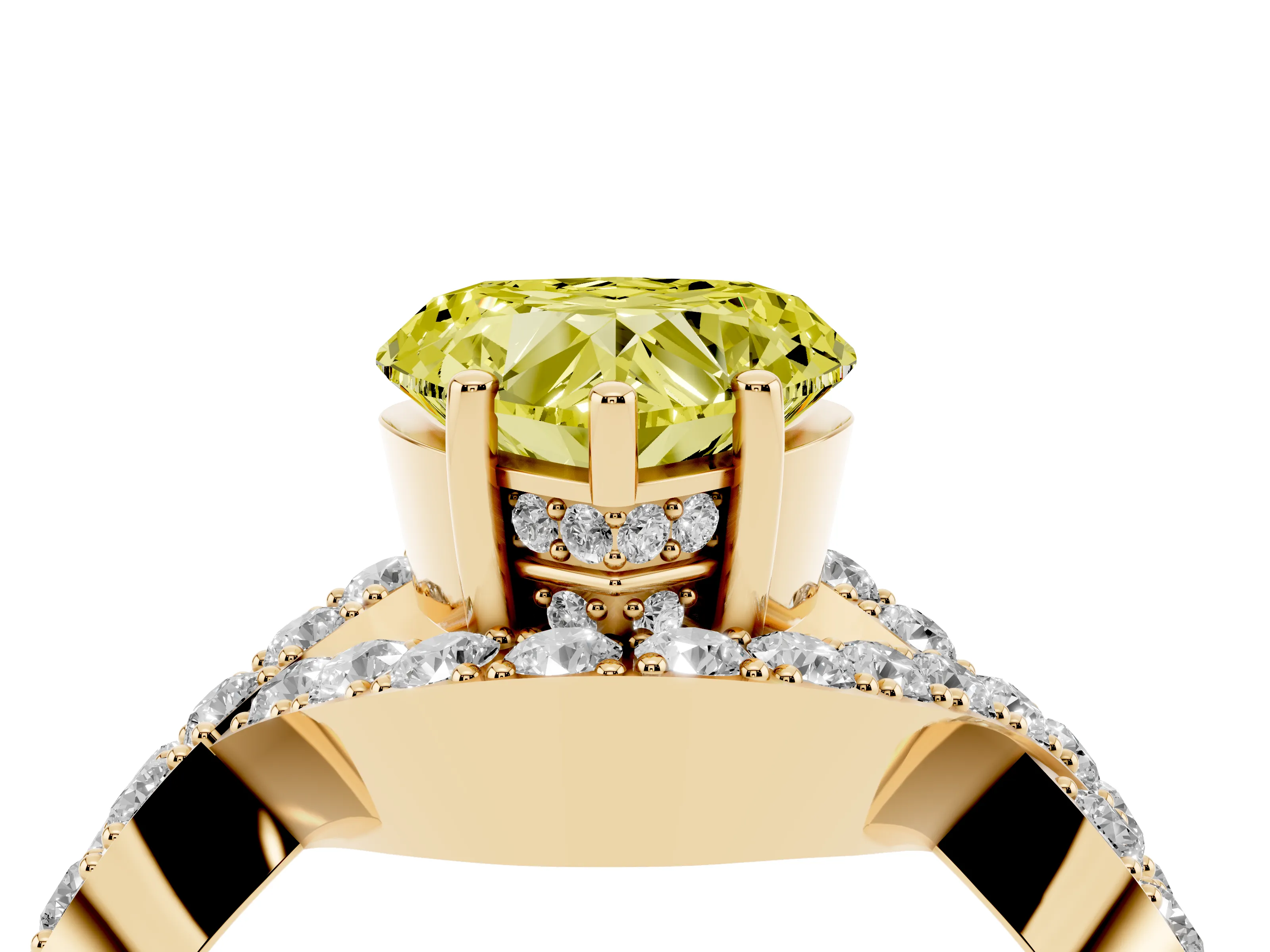 Fancy Yellow Heart Cut Diamond Solitaire Twist Band Pavé Engagement Ring Set in Yellow gold