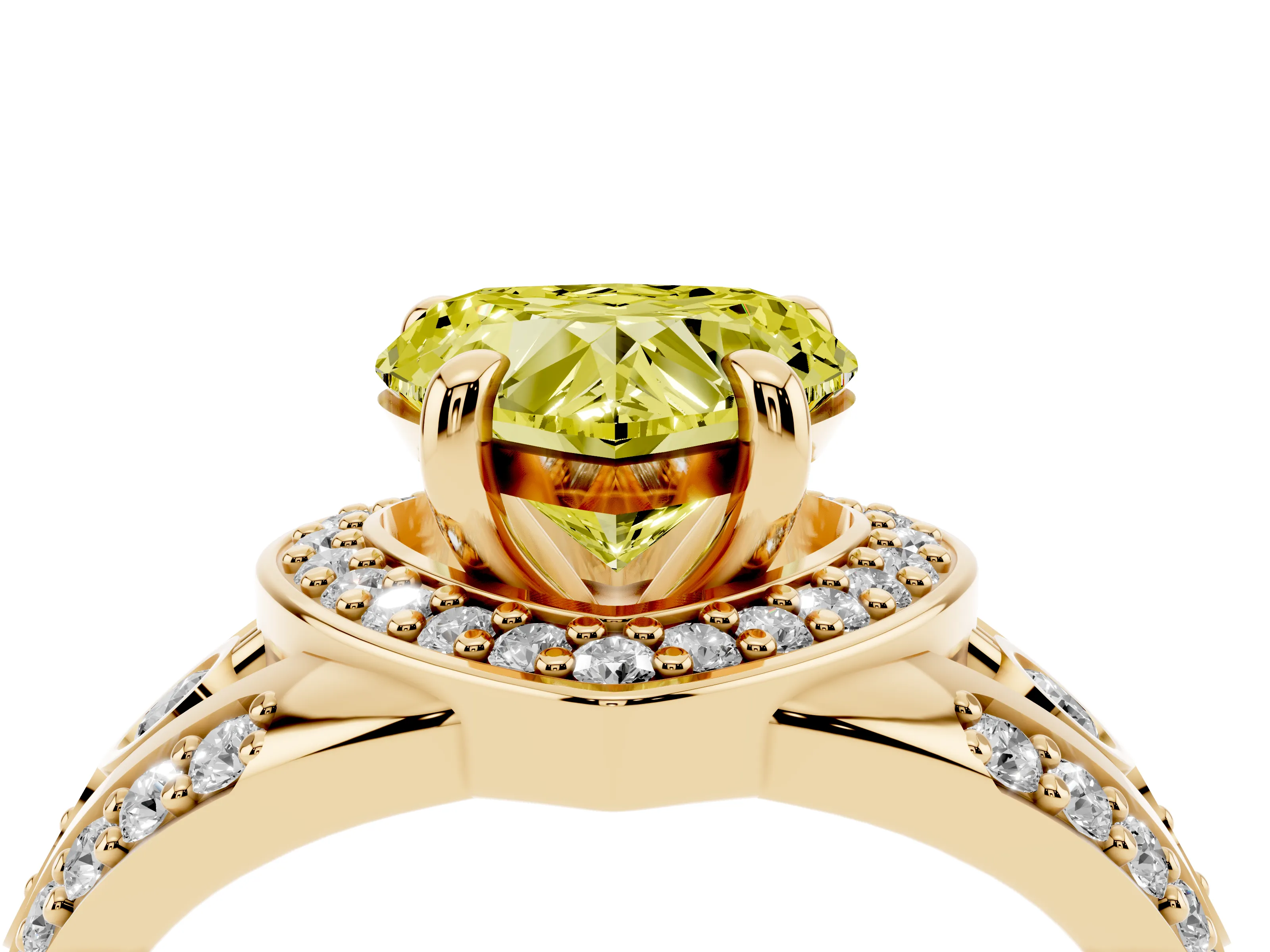 Fancy Yellow Heart Cut Diamond Halo Ring Set in Yellow gold with Pavé Split Shank and Bezel Accents