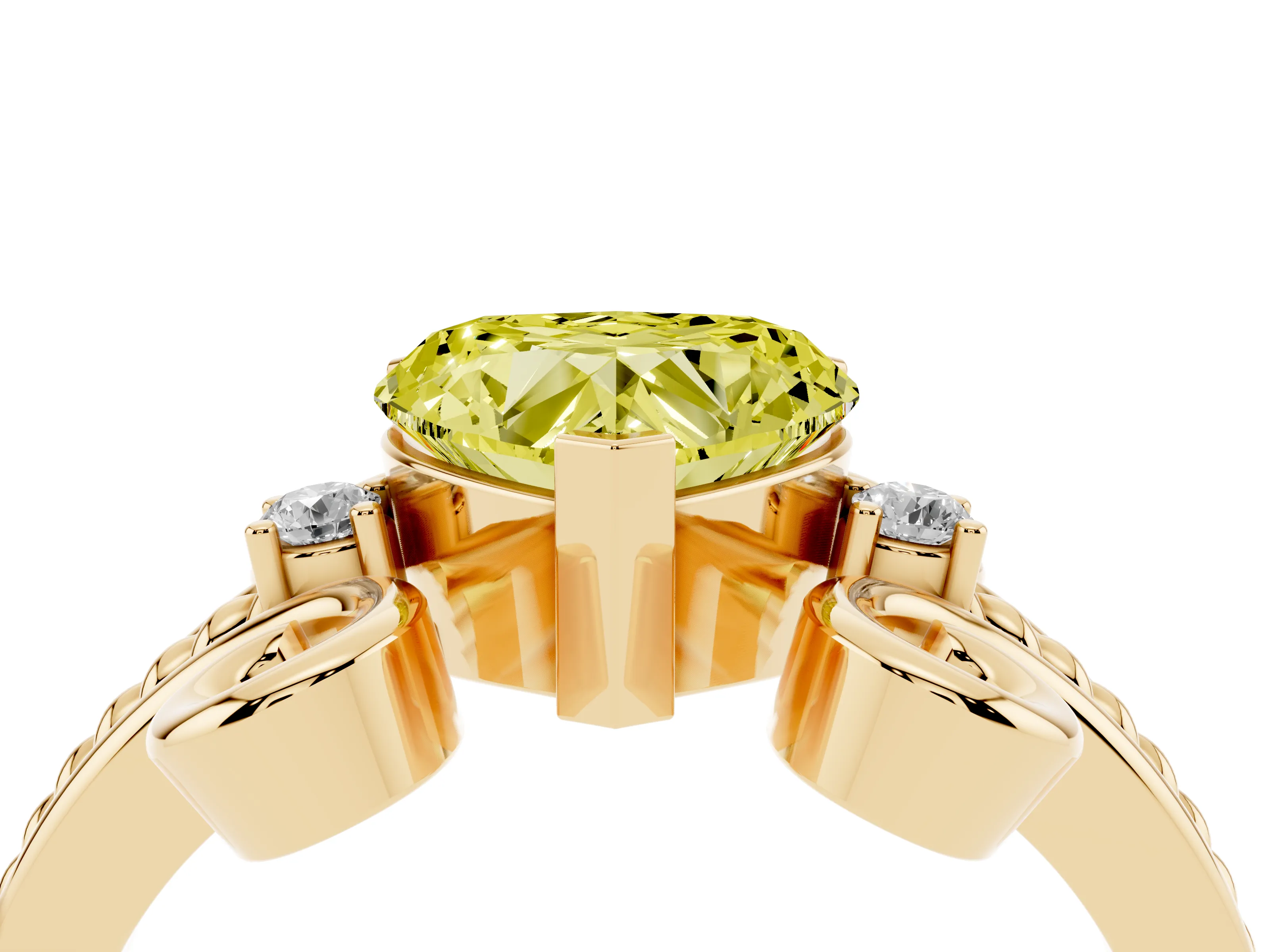 Fancy Yellow Heart Cut Diamond Twisted Band Solitaire Ring Set in Yellow gold with Scroll Prongs