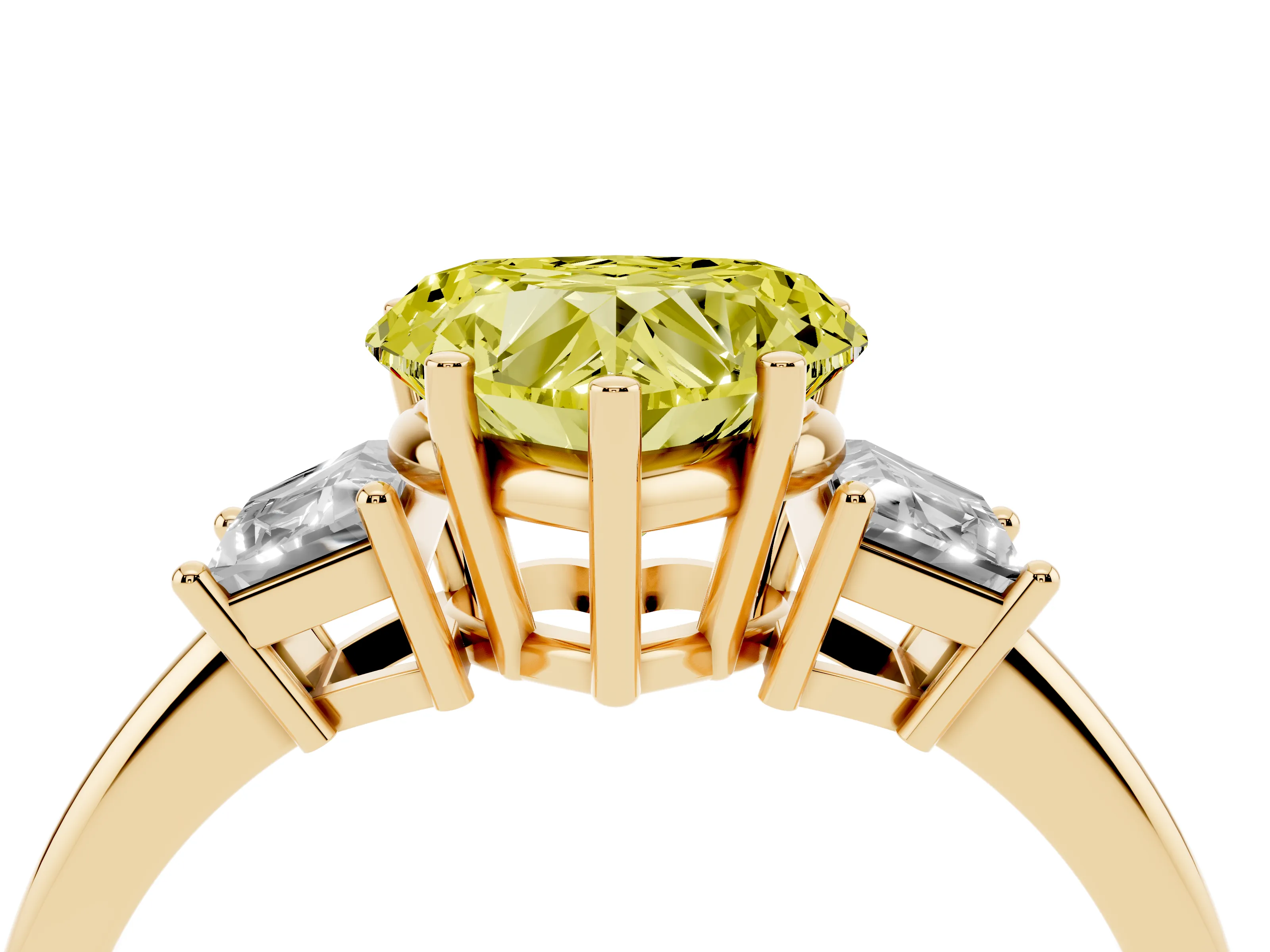 Fancy Yellow Heart Cut Diamond Three-Stone Ring Set in Yellow gold with Trapezoid Side Stones and Prong Setting