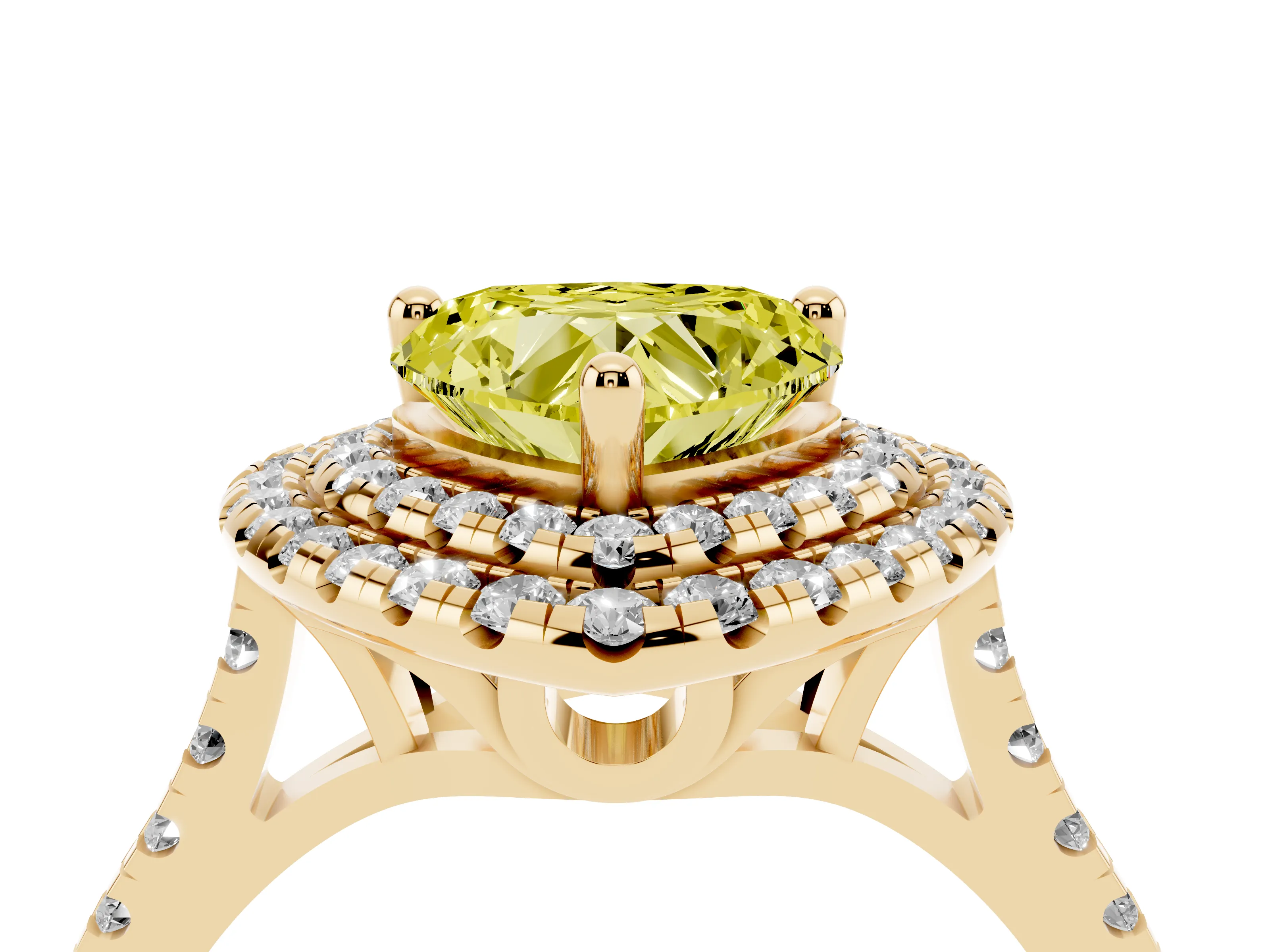 Fancy Yellow Heart Cut Diamond Double Halo Statement Ring Set in Yellow gold with Pavé Band