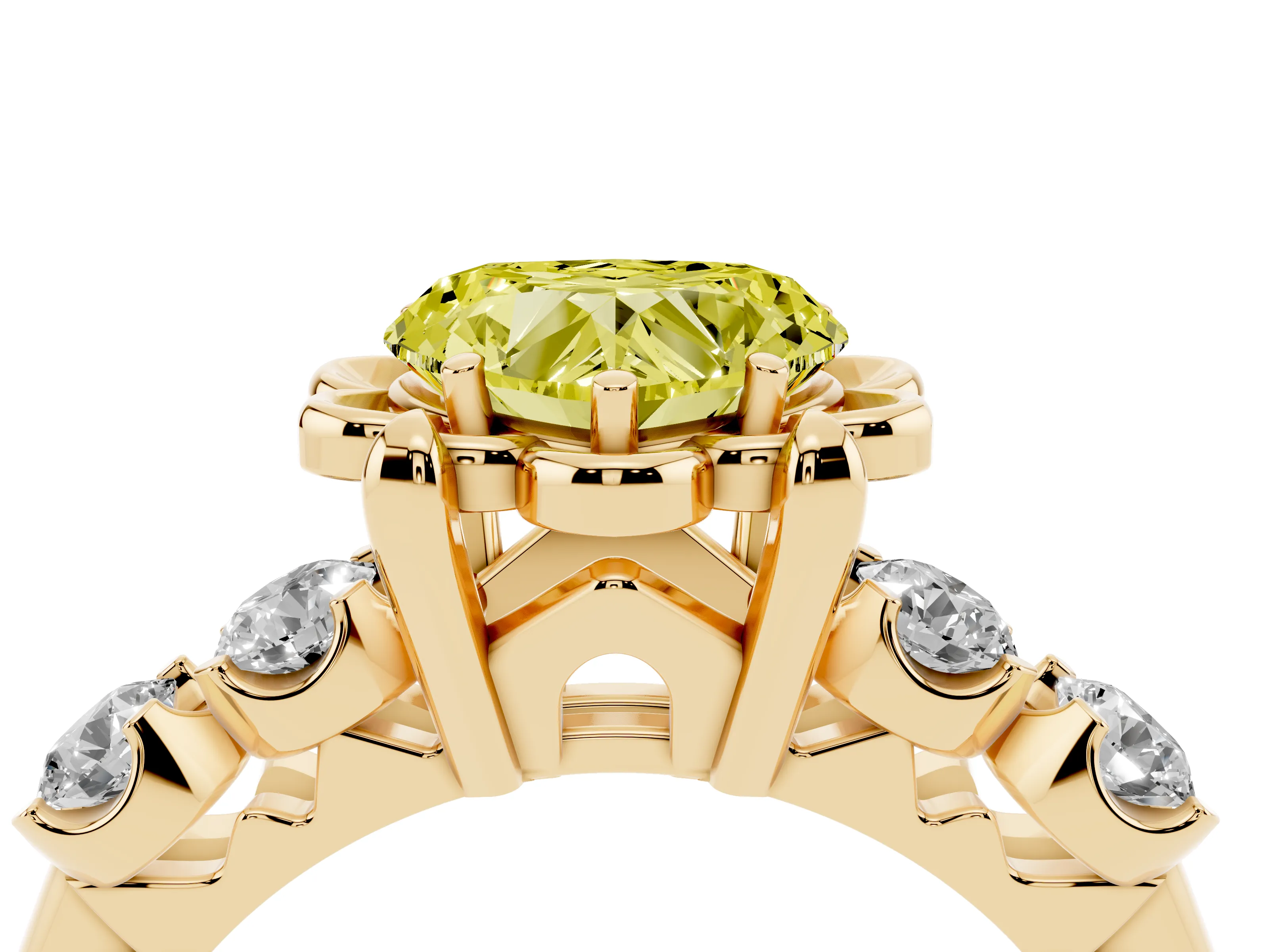 Fancy Yellow Heart Cut Diamond Floral Halo Ring Set in Yellow gold with Shared Prong Band