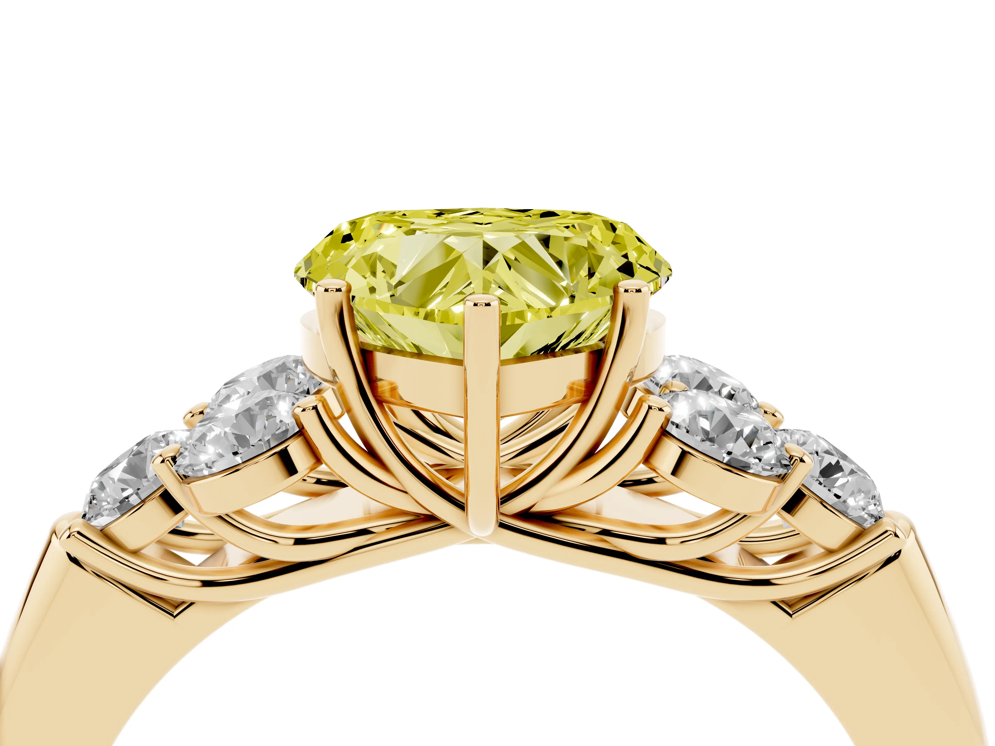Fancy Yellow Heart Cut Diamond Cluster Ring Set in Yellow gold with Round Accent Stones and Prong Setting on a Plain Band