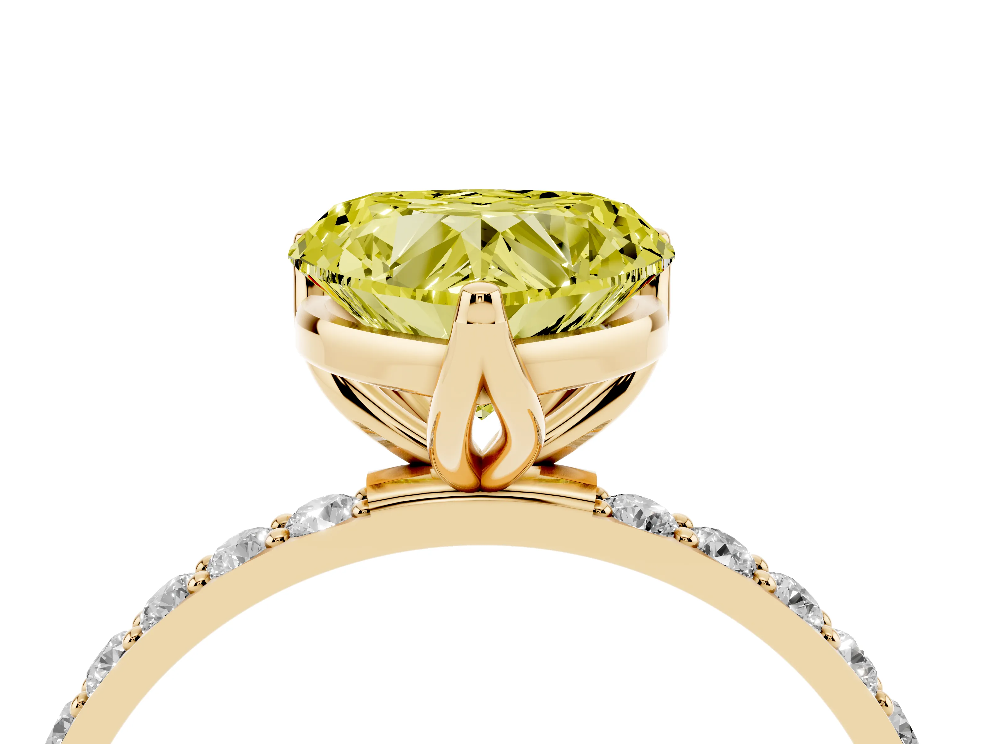 Fancy Yellow Heart Cut Diamond Solitaire Engagement Ring Set in Yellow gold with Round Pavé Band and Prong Setting