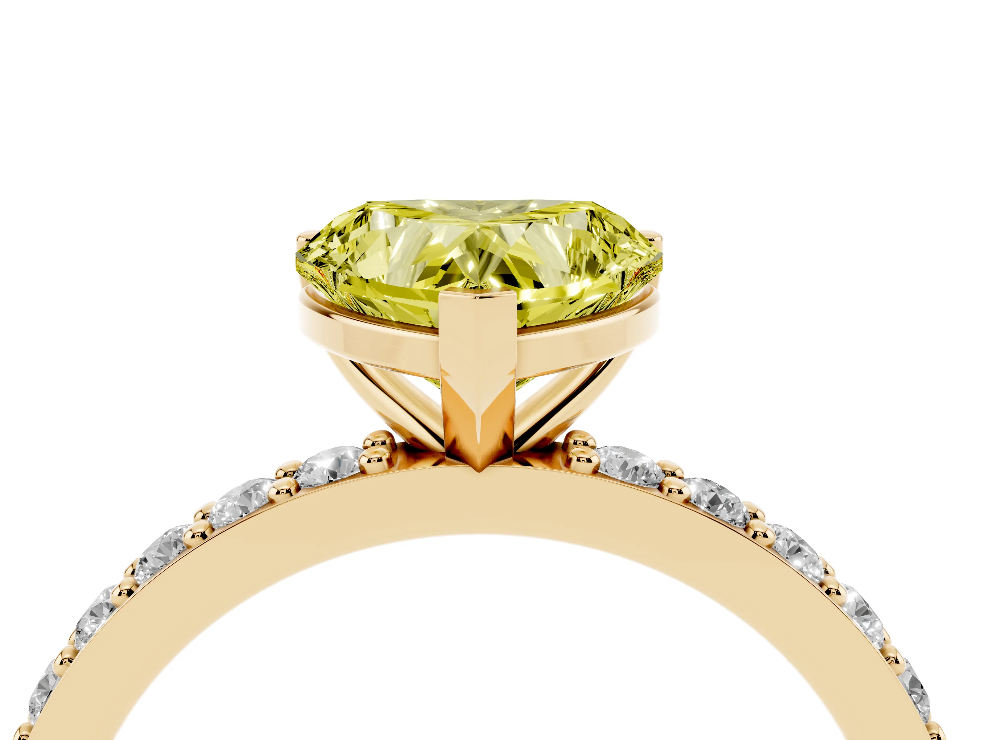 Fancy Yellow Heart Cut Diamond Solitaire Set in Yellow gold with Round Pavé Band and Prong Setting