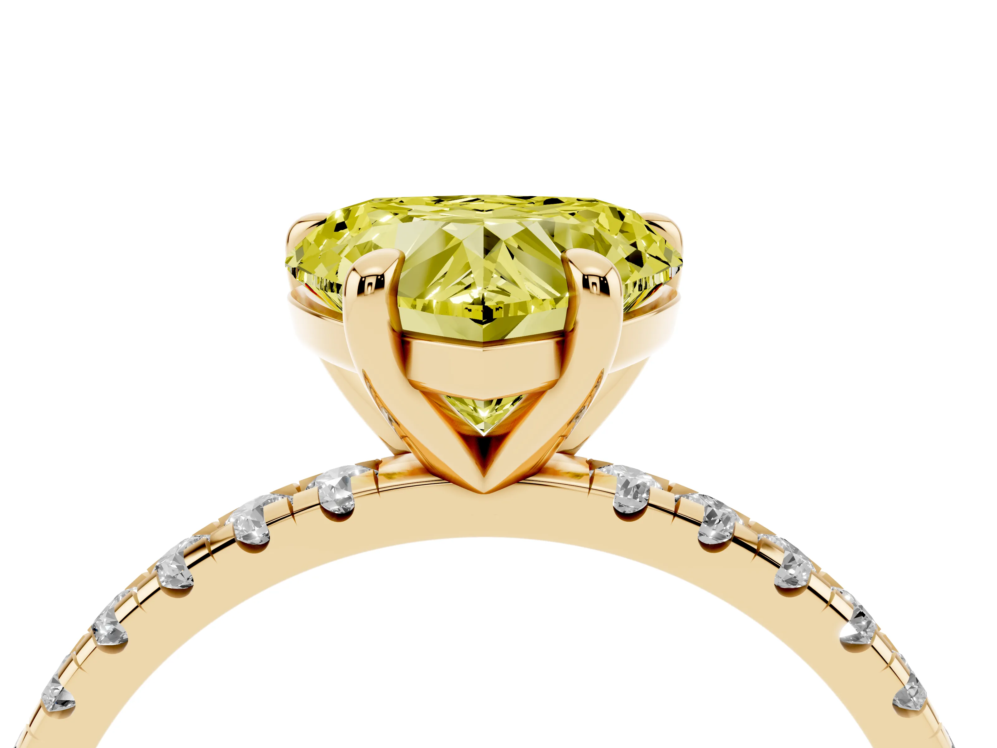 Fancy Yellow Heart Cut Diamond Brilliant Solitaire Ring Set in Yellow gold with Pavé Band and Prong Setting