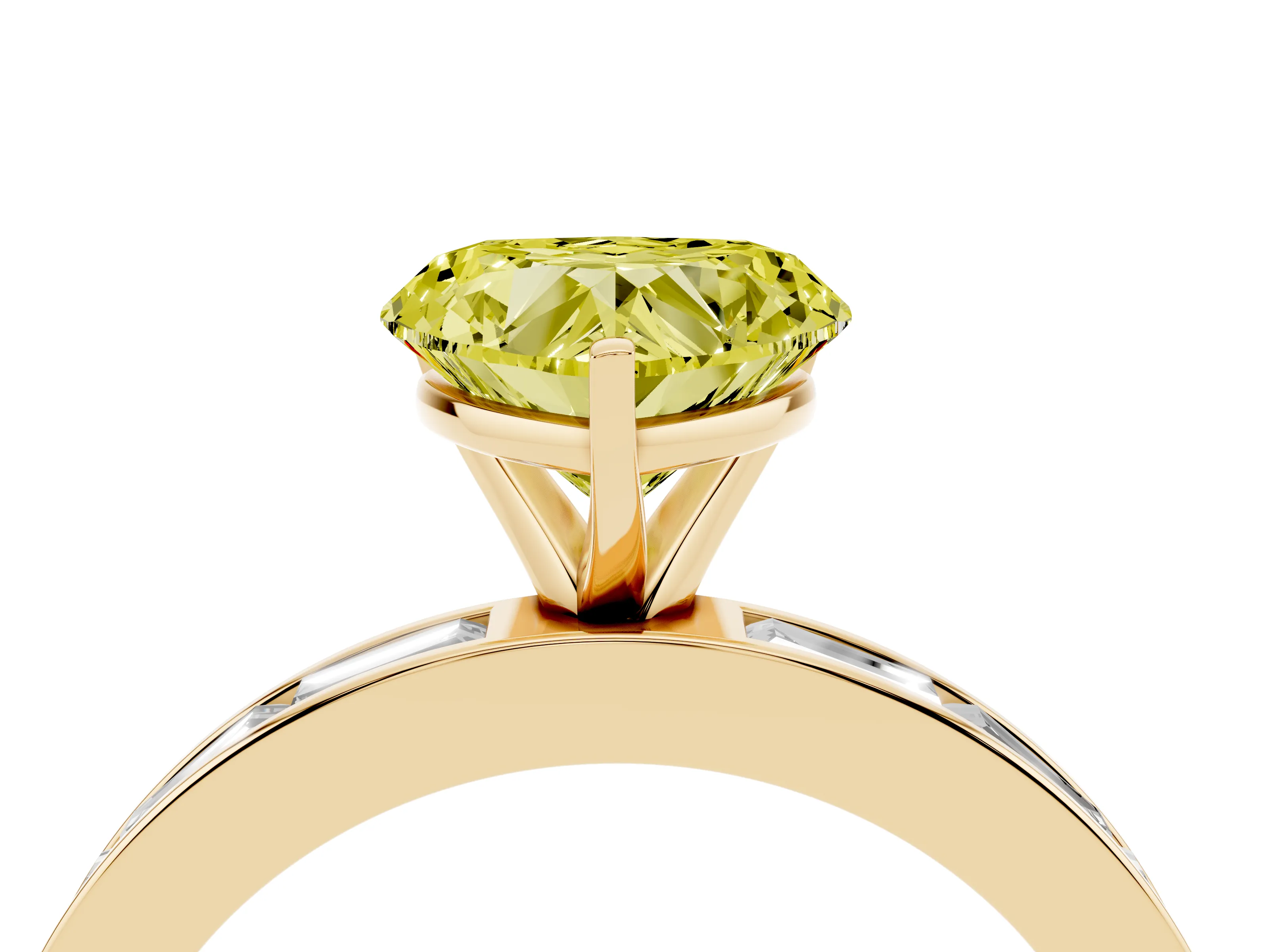 Fancy Yellow Heart Cut Diamond Solitaire Ring Set in Yellow gold with Channel-Set Baguette Band and Prong Setting
