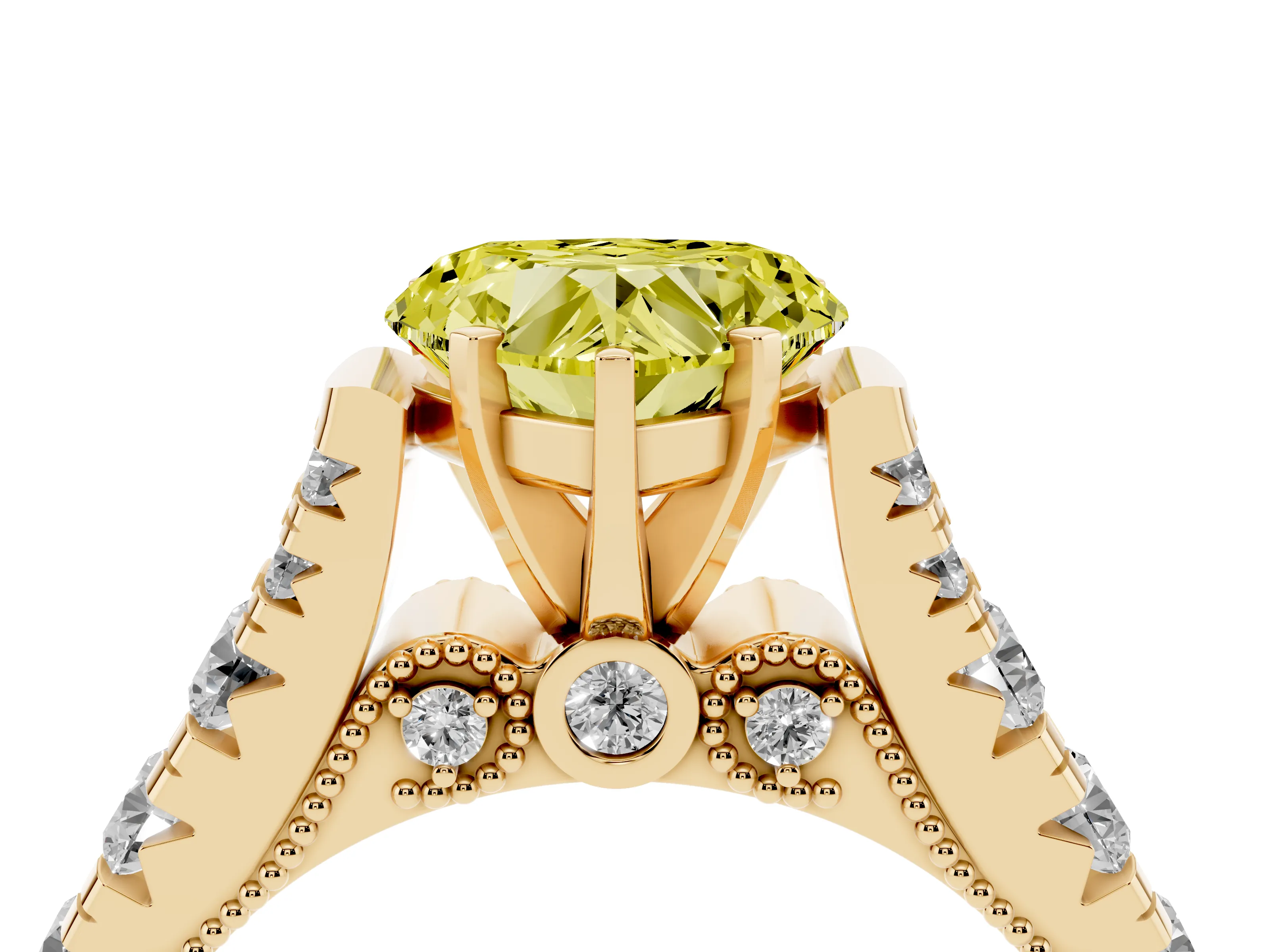 Fancy Yellow Heart Cut Diamond Classic Solitaire Ring Set in Yellow gold with Pavé Band and Prong Setting