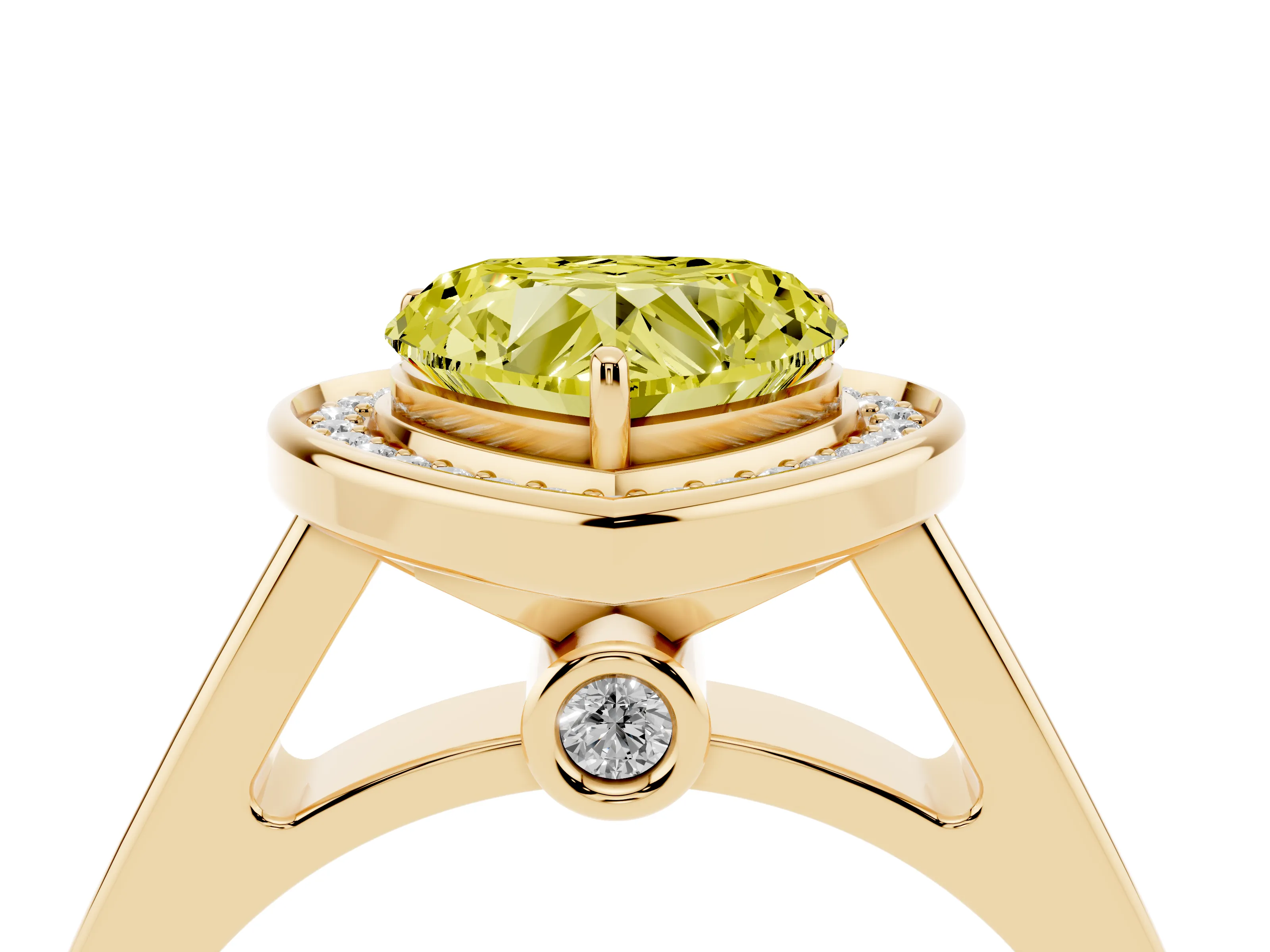 Fancy Yellow Heart Cut Diamond Halo Solitaire Ring Set in Yellow gold with Pavé Band and Bezel Setting