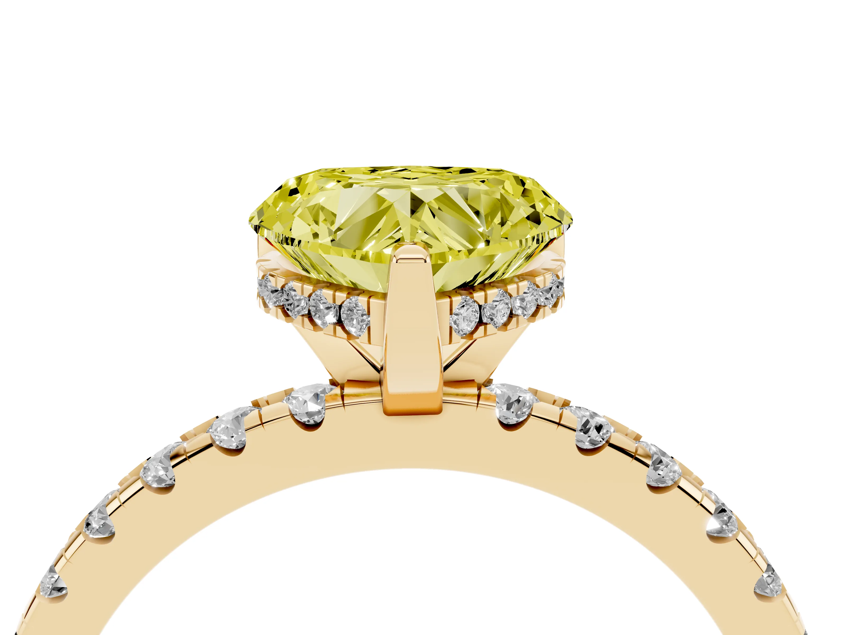 Fancy Yellow Heart Cut Diamond Pavé Solitaire Ring Set in Yellow gold with Round Band Accents and Prong Setting