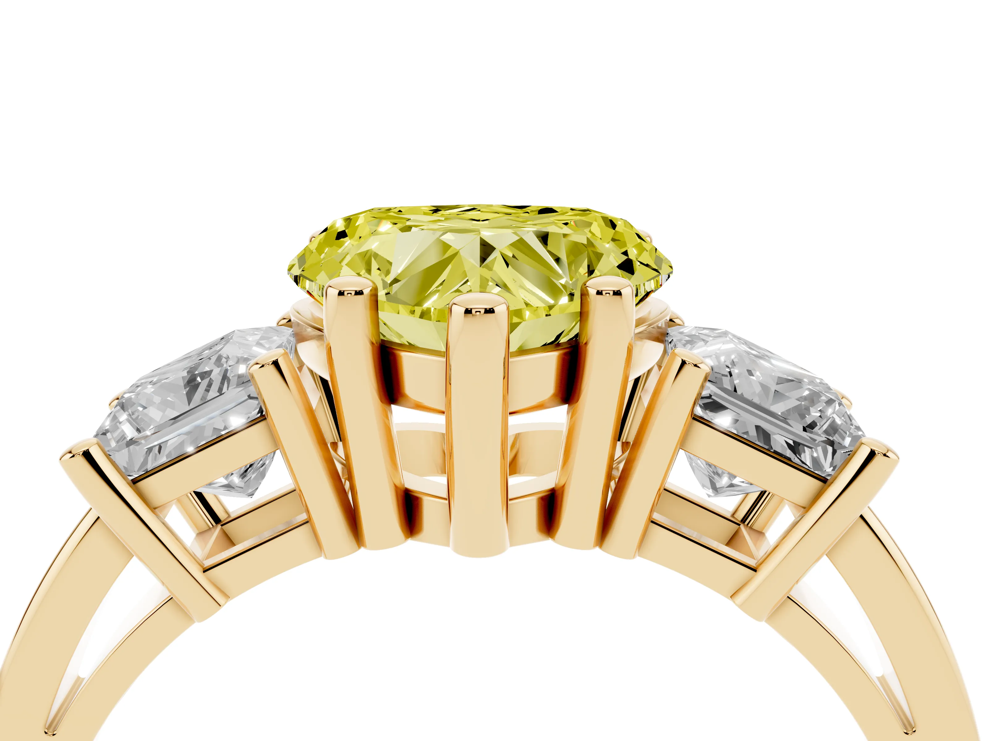 Fancy Yellow Three-Stone Heart Cut Diamond Solitaire Ring Set in Yellow gold with Prong Setting
