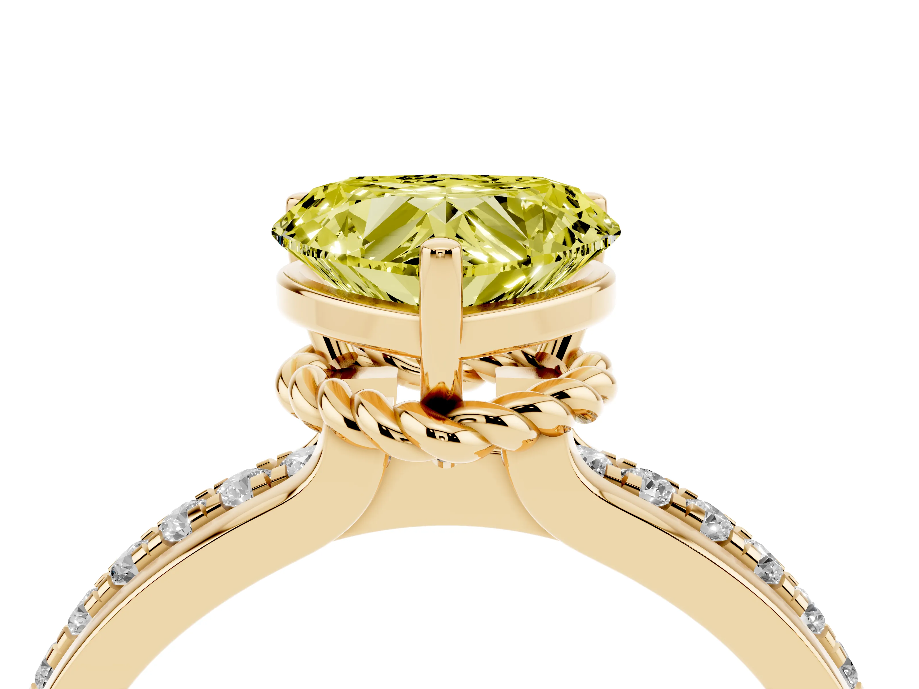 Fancy Yellow Heart Cut Diamond Solitaire Ring Set in Yellow gold with Channel Set Band and Prong Setting