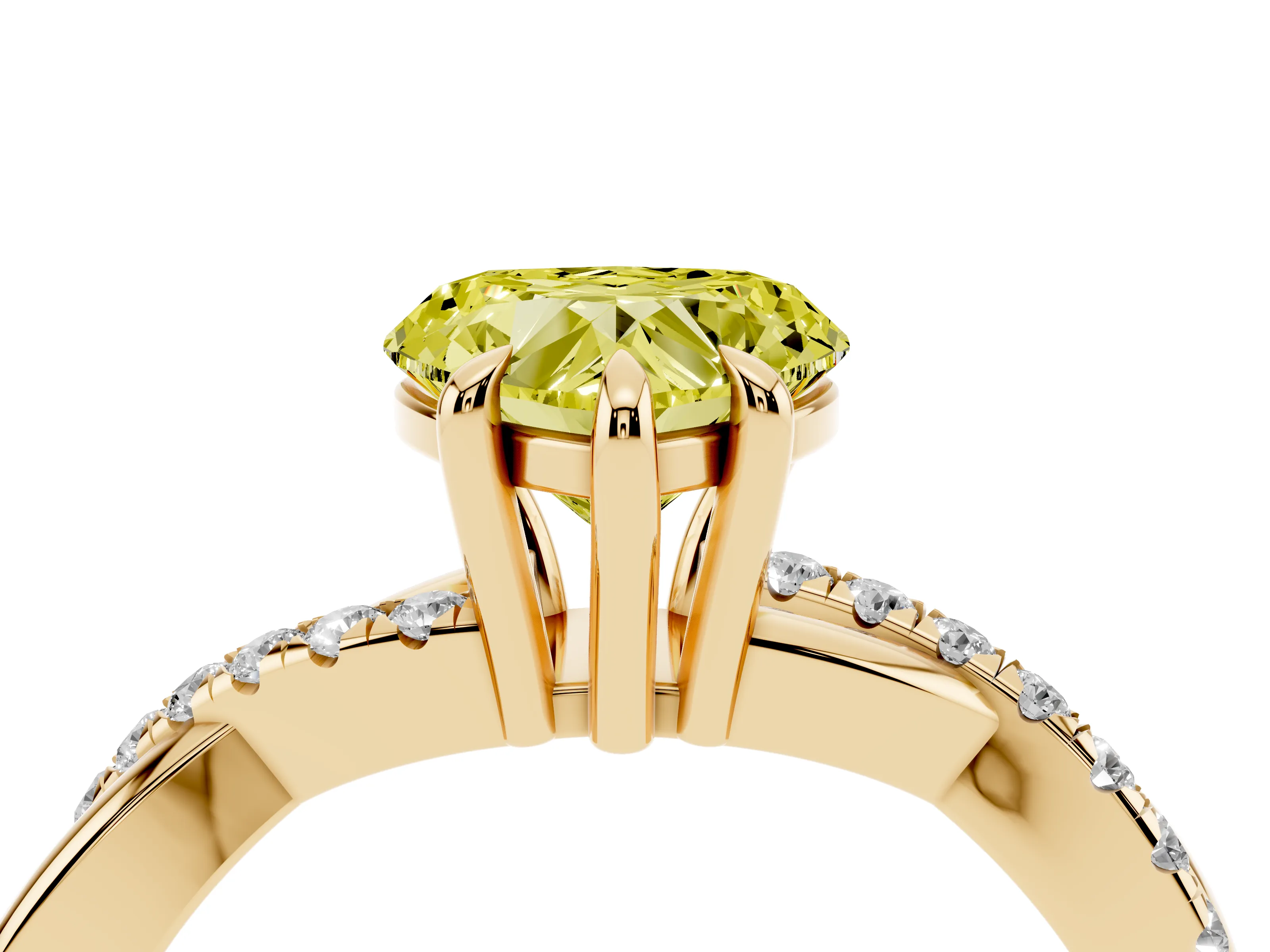 Fancy Yellow Heart Cut Diamond Twist Band Solitaire Set in Yellow gold with Pavé Accents and Prong Setting