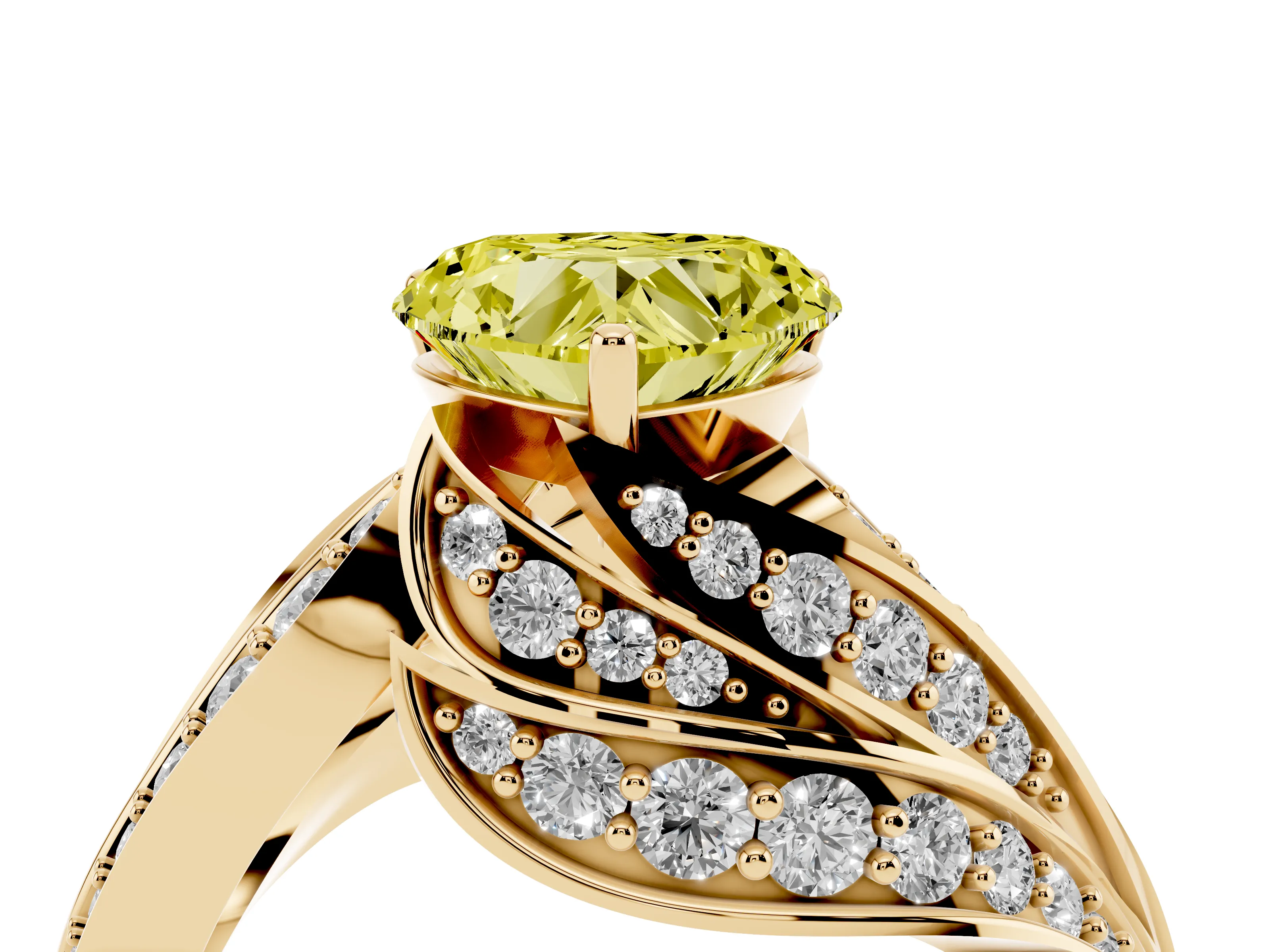 Fancy Yellow Heart Cut Diamond Solitaire Ring Set in Yellow gold with Layered Twist Pavé Band
