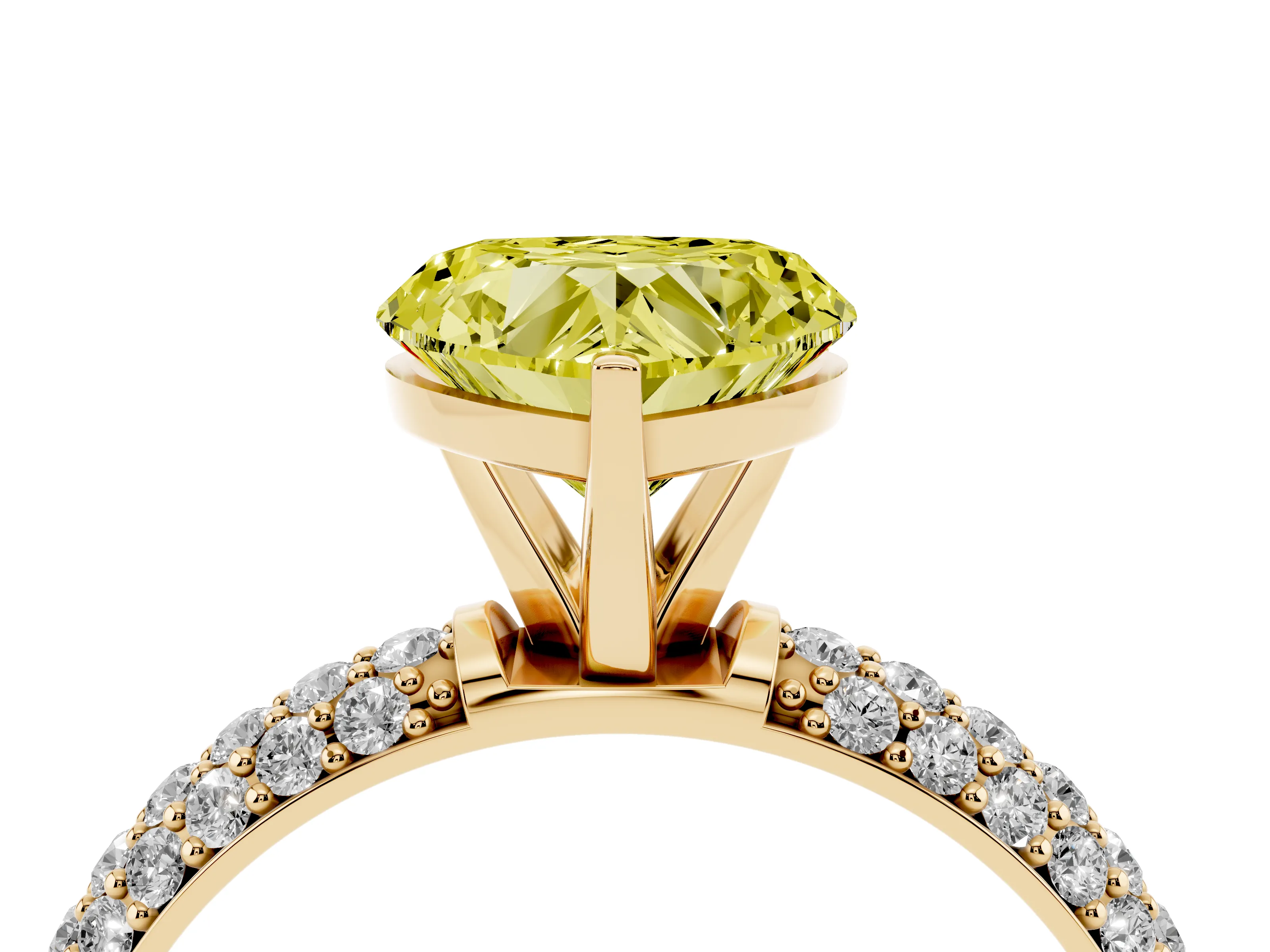 Fancy Yellow Heart Cut Diamond Solitaire Ring Set in Yellow gold with Prong Setting and Pavé-Set Band