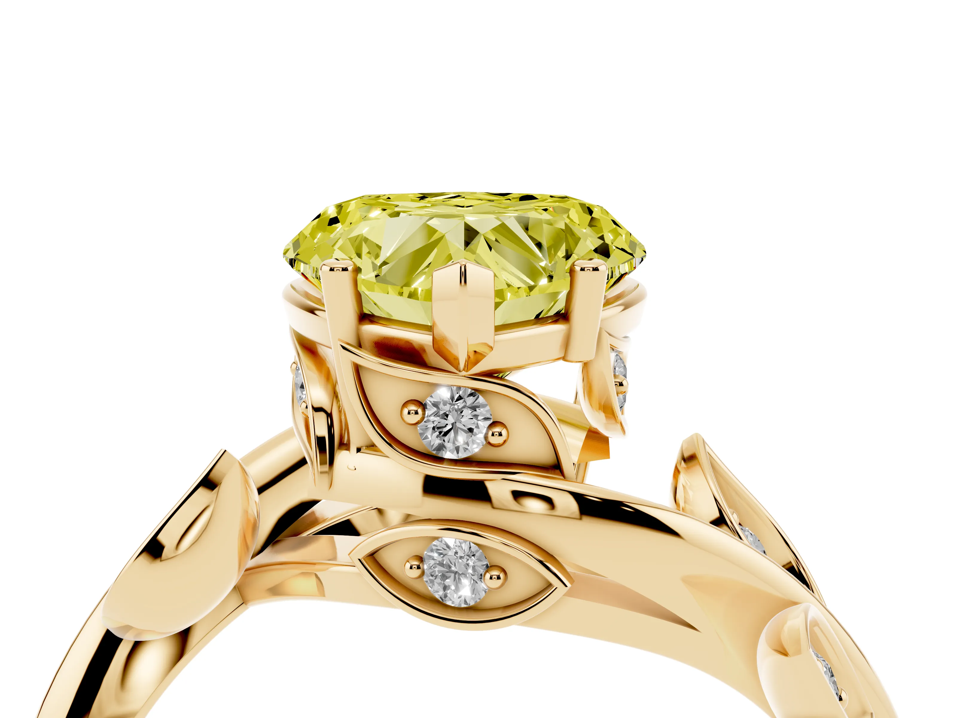 Fancy Yellow Heart Cut Diamond Solitaire Twist Engagement Ring Set in Yellow gold with Pavé Leaf Accents