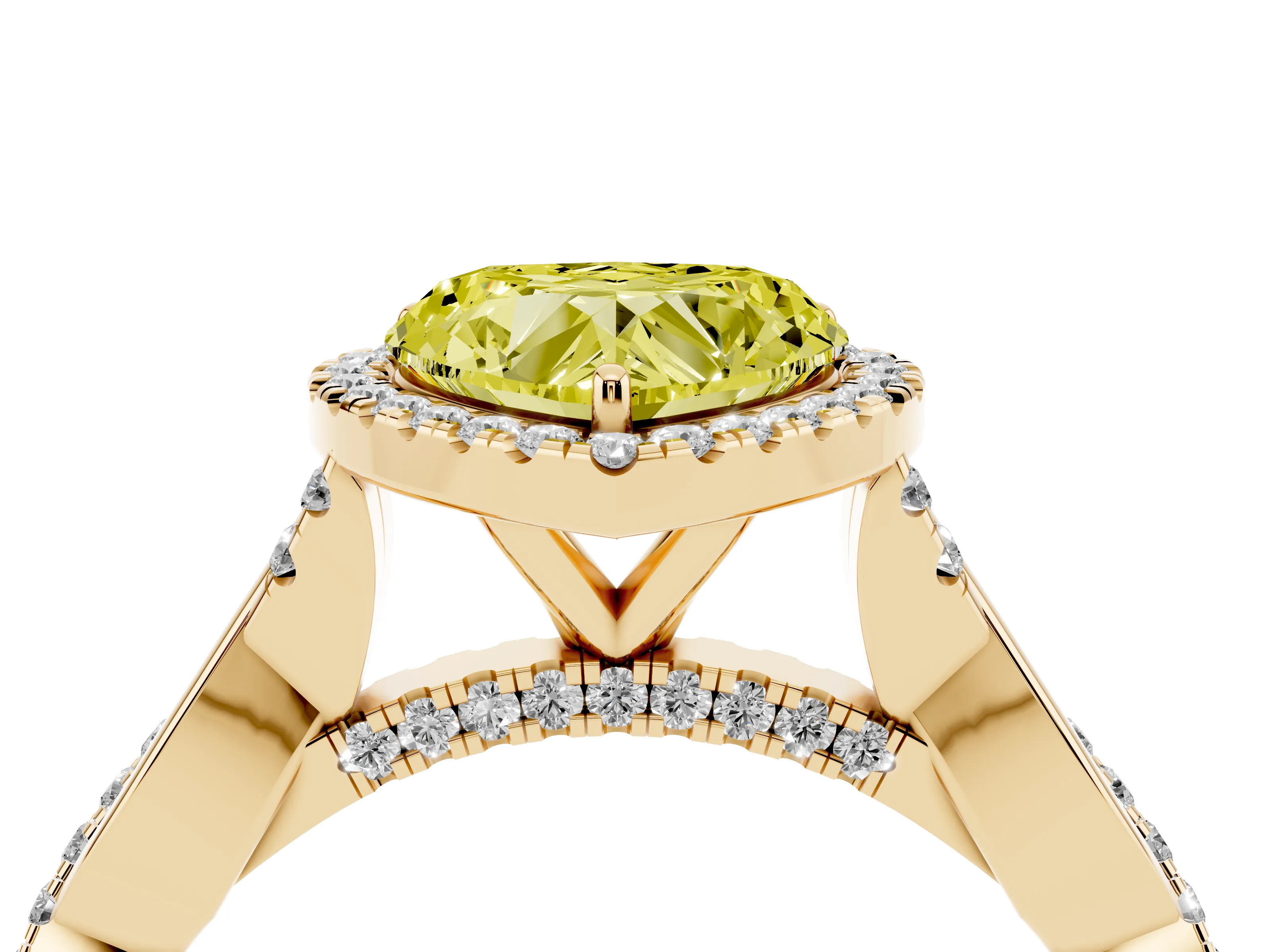 Fancy Yellow Heart Cut Diamond Halo Twist Band Solitaire Ring Set in Yellow gold with Prong Setting
