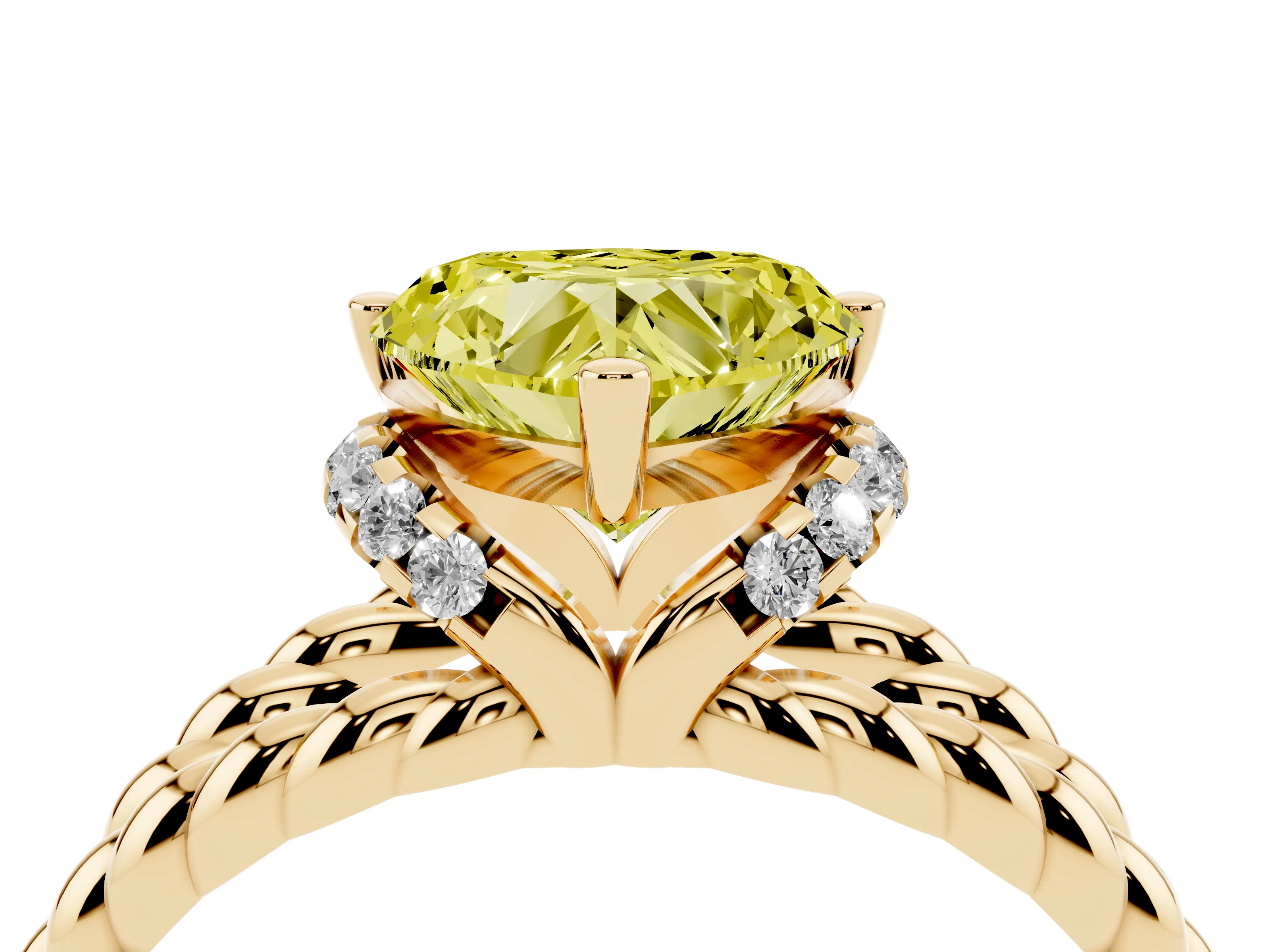 Fancy Yellow Heart Cut Diamond Halo Ring Set in Yellow gold with Twisted Band and Prong Setting
