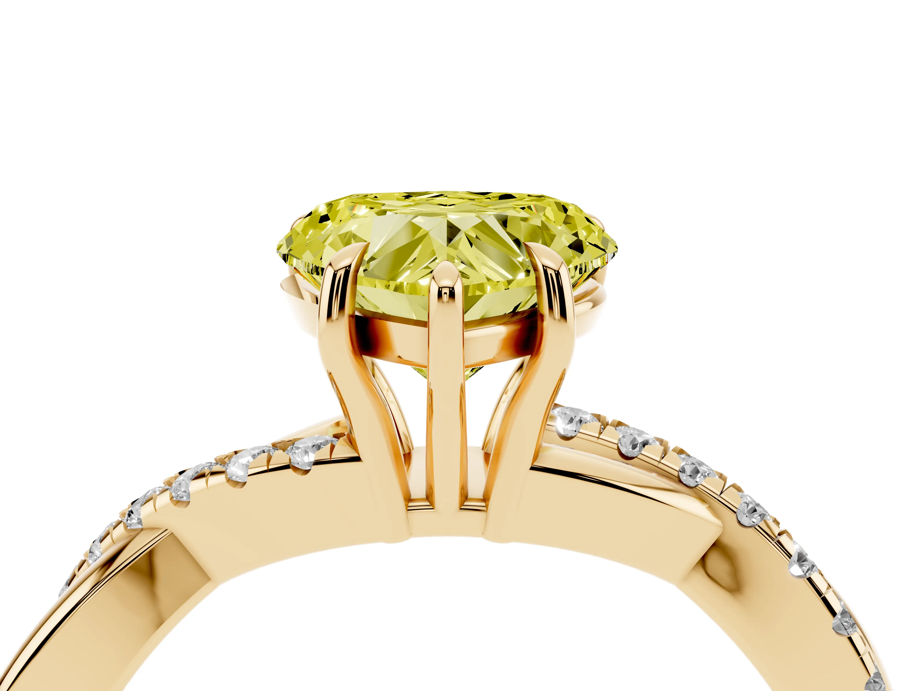 Fancy Yellow Heart Cut Diamond Twisted Pavé Band Ring Set in Yellow gold with Prong Setting