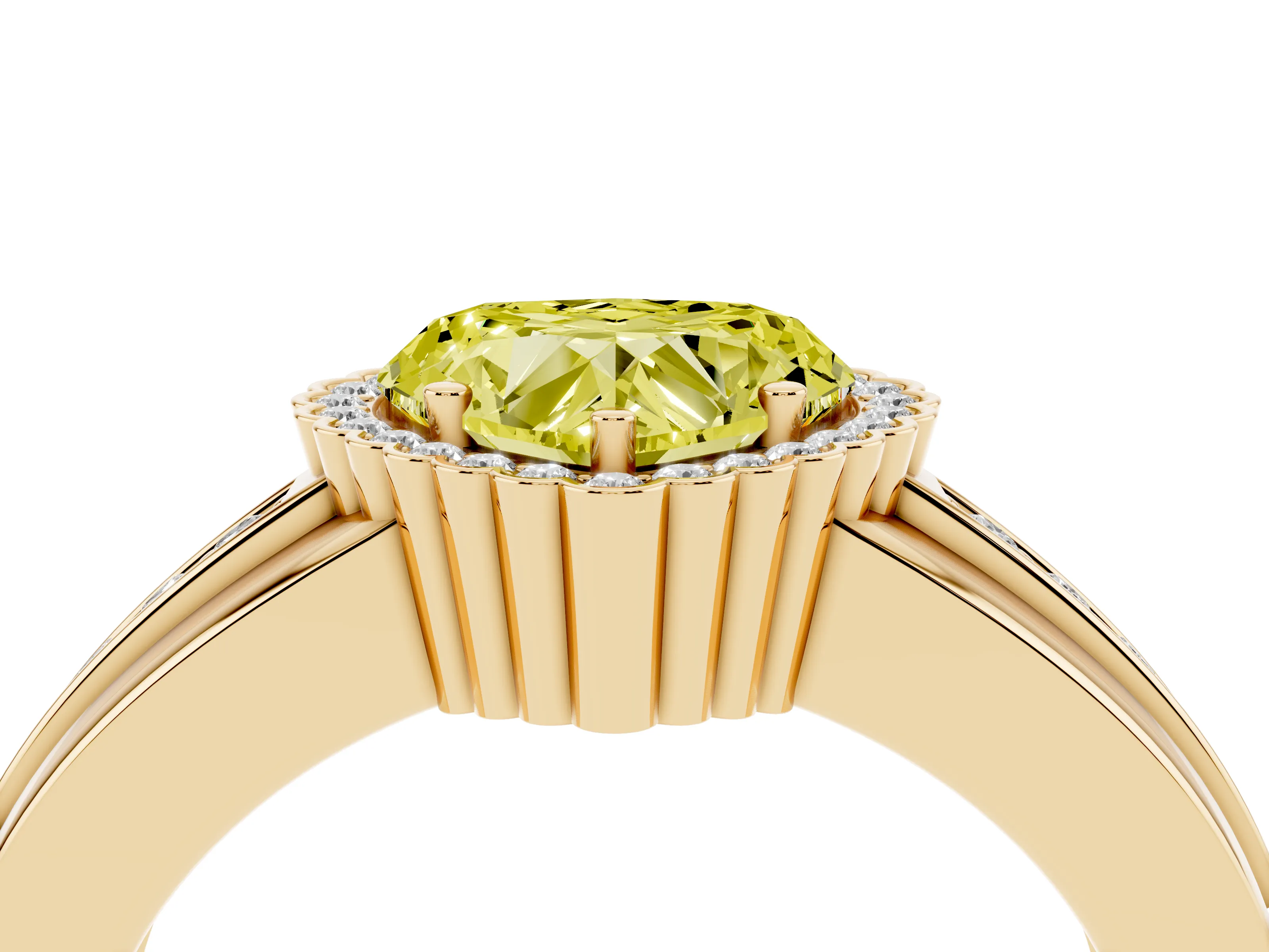 Fancy Yellow Heart Cut Diamond Halo Prong Ring Set in Yellow gold with Pavé Band