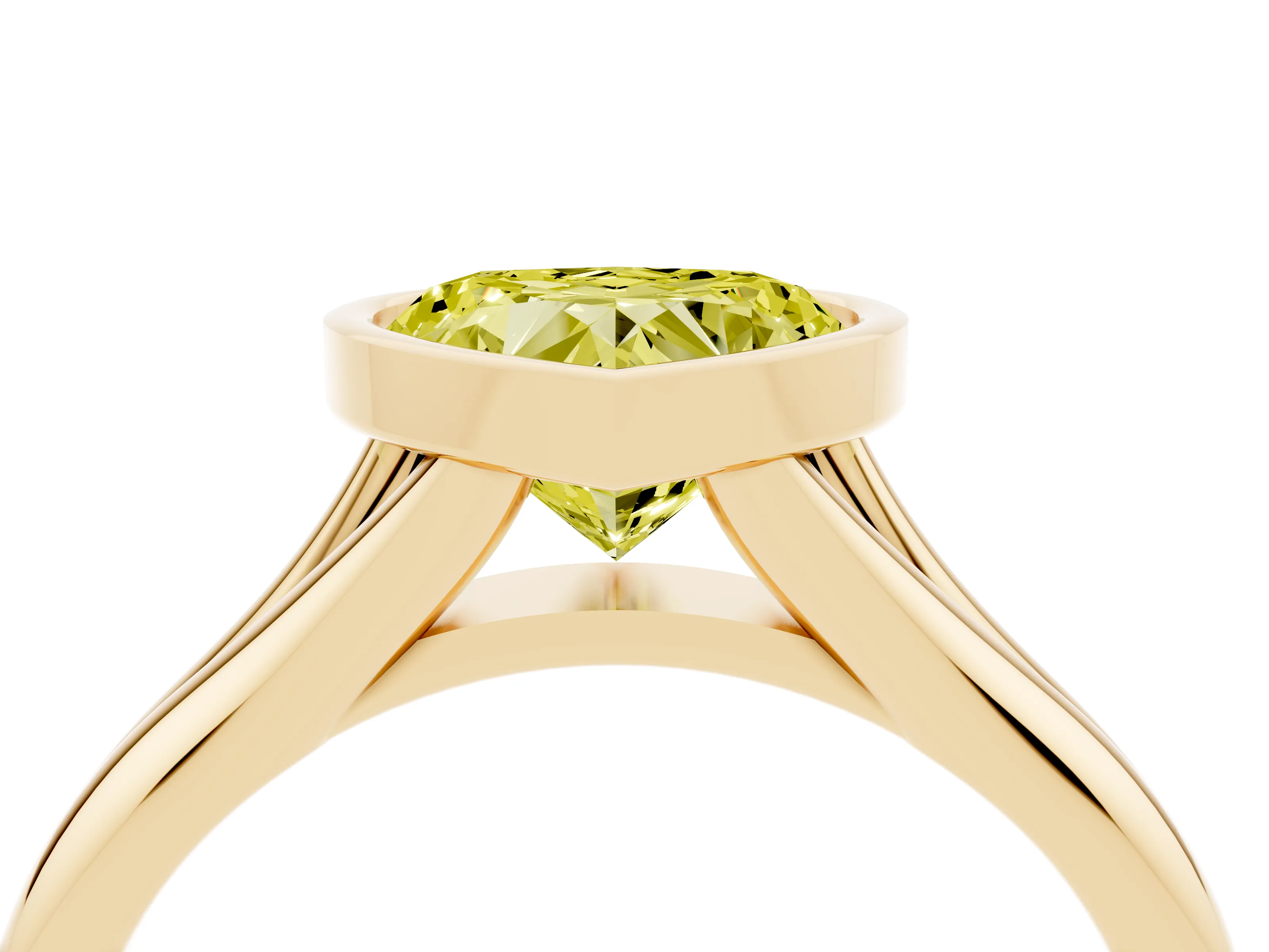 Fancy Yellow Bezel Set Heart Cut Diamond Solitaire Ring Set in Yellow gold with Smooth Band