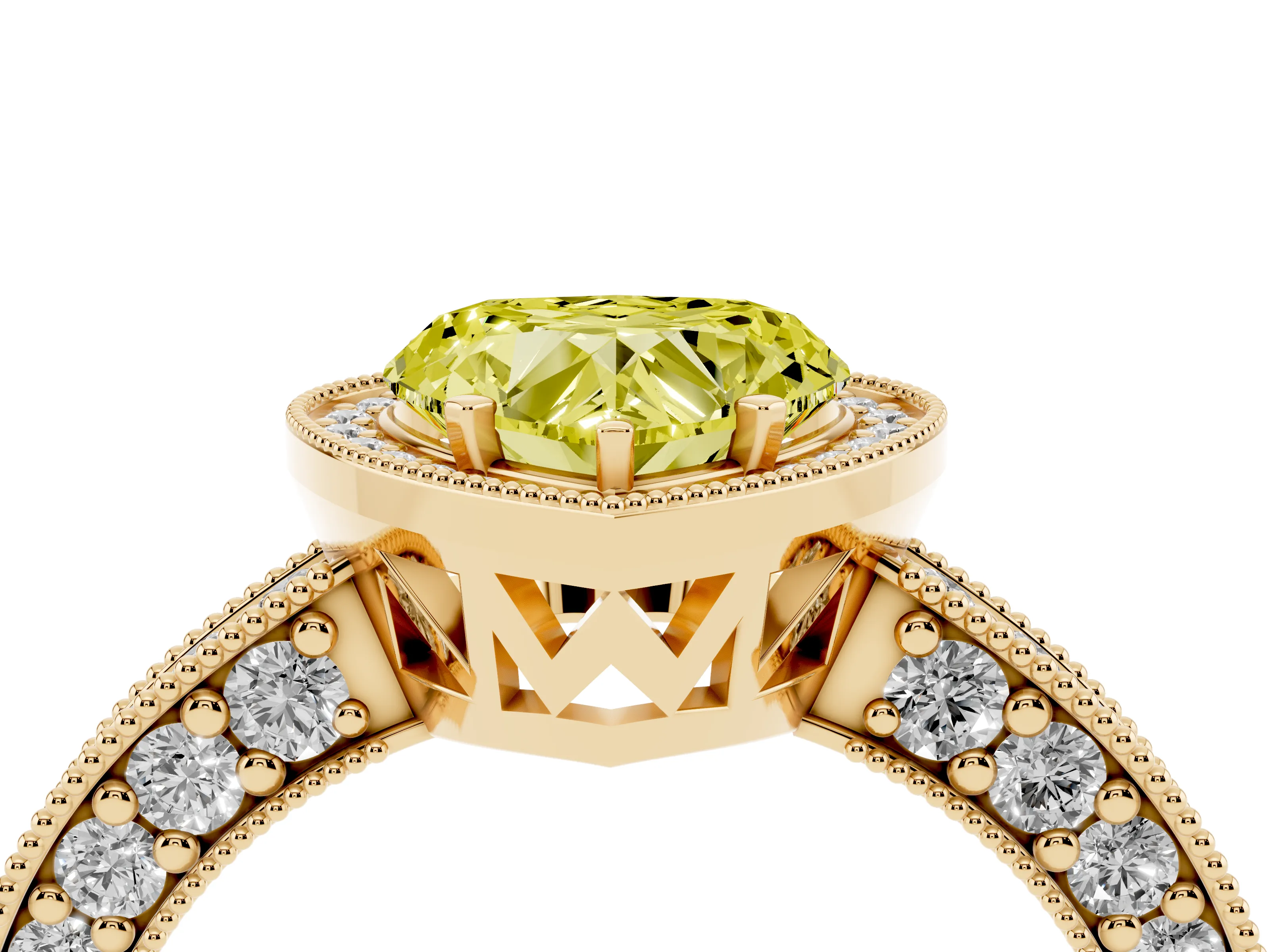 Fancy Yellow Heart Cut Diamond Halo Pavé Band Ring Set in Yellow gold with Prong-Set Center