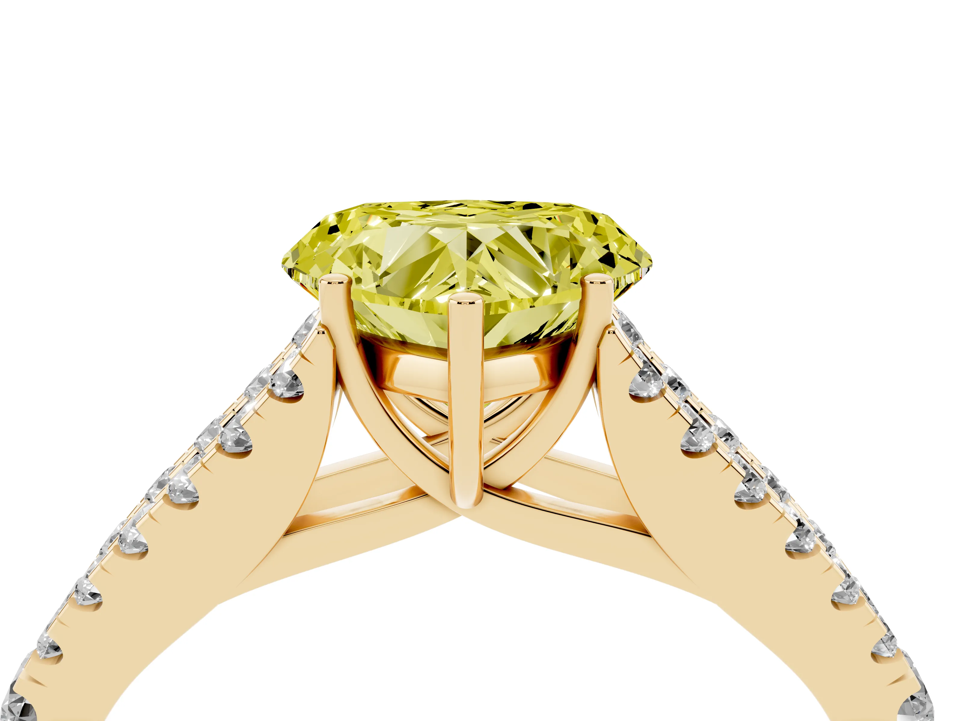 Fancy Yellow Heart Cut Diamond Split Shank Pavé Engagement Ring Set in Yellow gold with Prong-Held Center Stone