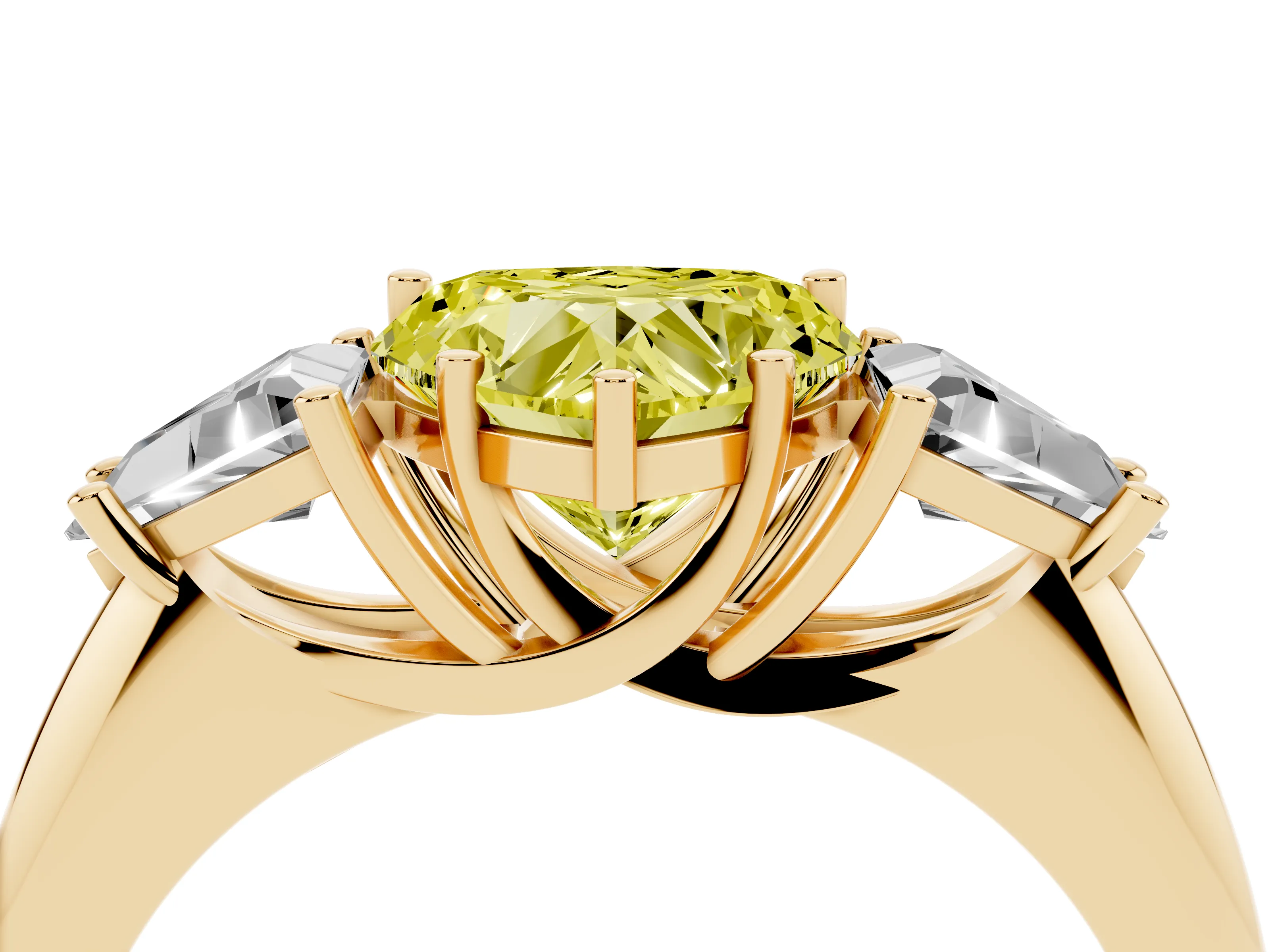 Fancy Yellow Heart Cut Diamond Three-Stone Engagement Ring Set in Yellow gold with Trillion Side Stones
