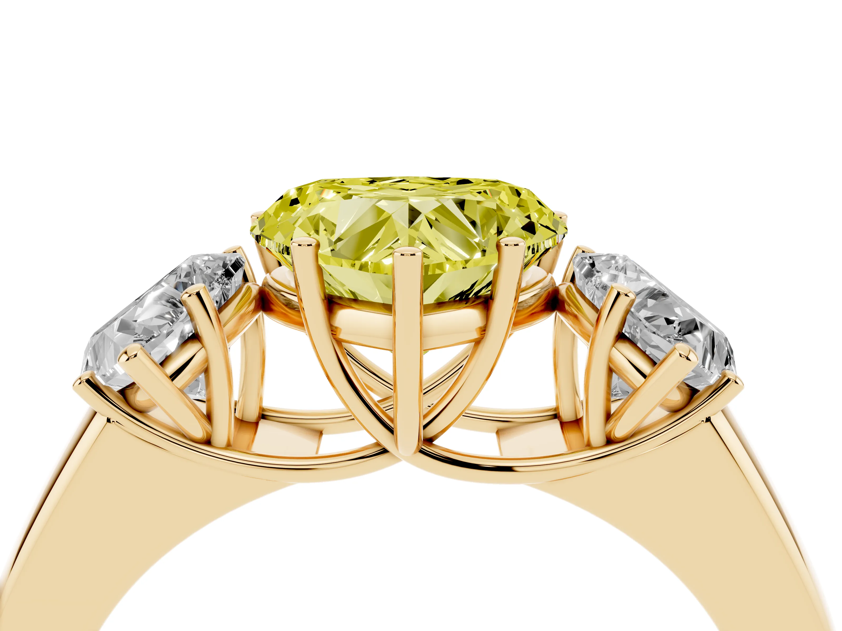 Fancy Yellow Three-Stone Heart Cut Diamond Ring Set in Yellow gold with Matching Prong Settings and Plain Band