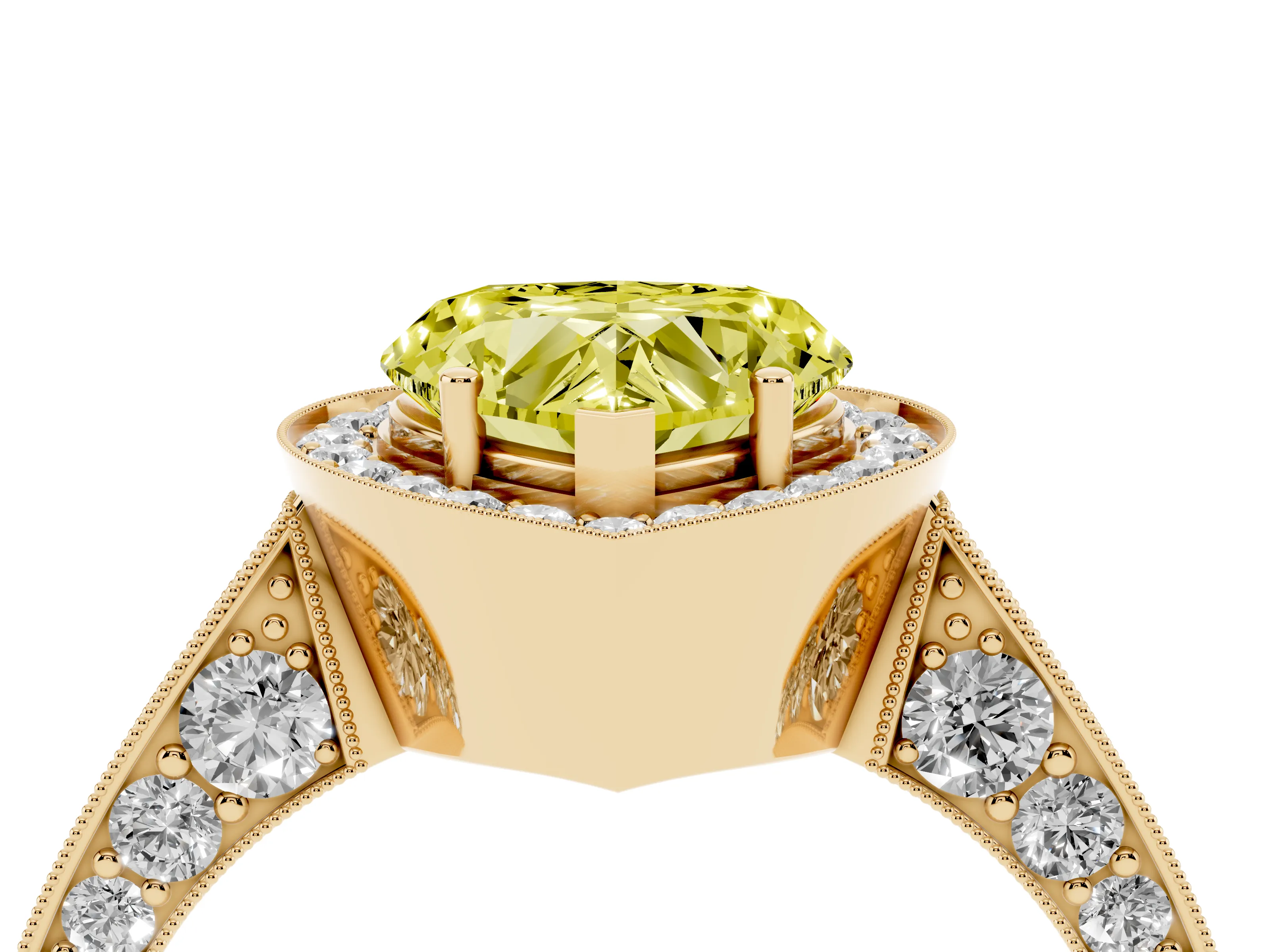 Fancy Yellow Heart Cut Diamond Halo Engagement Ring Set in Yellow gold with Accent Split Shank Band