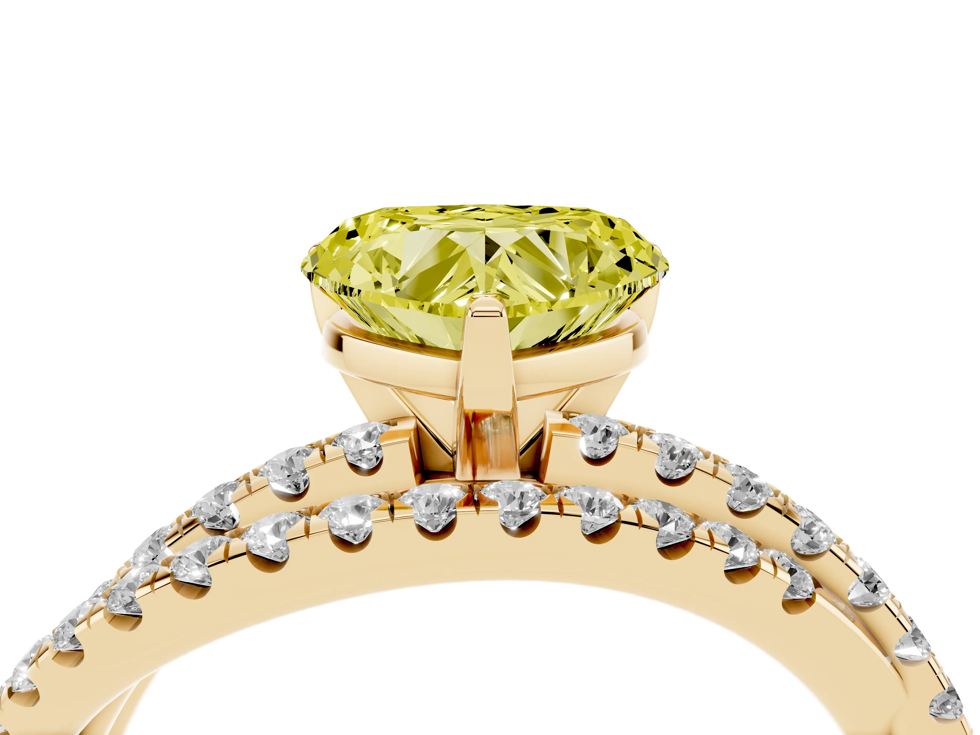Fancy Yellow Heart Cut Diamond Solitaire Twist Band Ring Set in Yellow gold with Pavé Setting and Prong Head