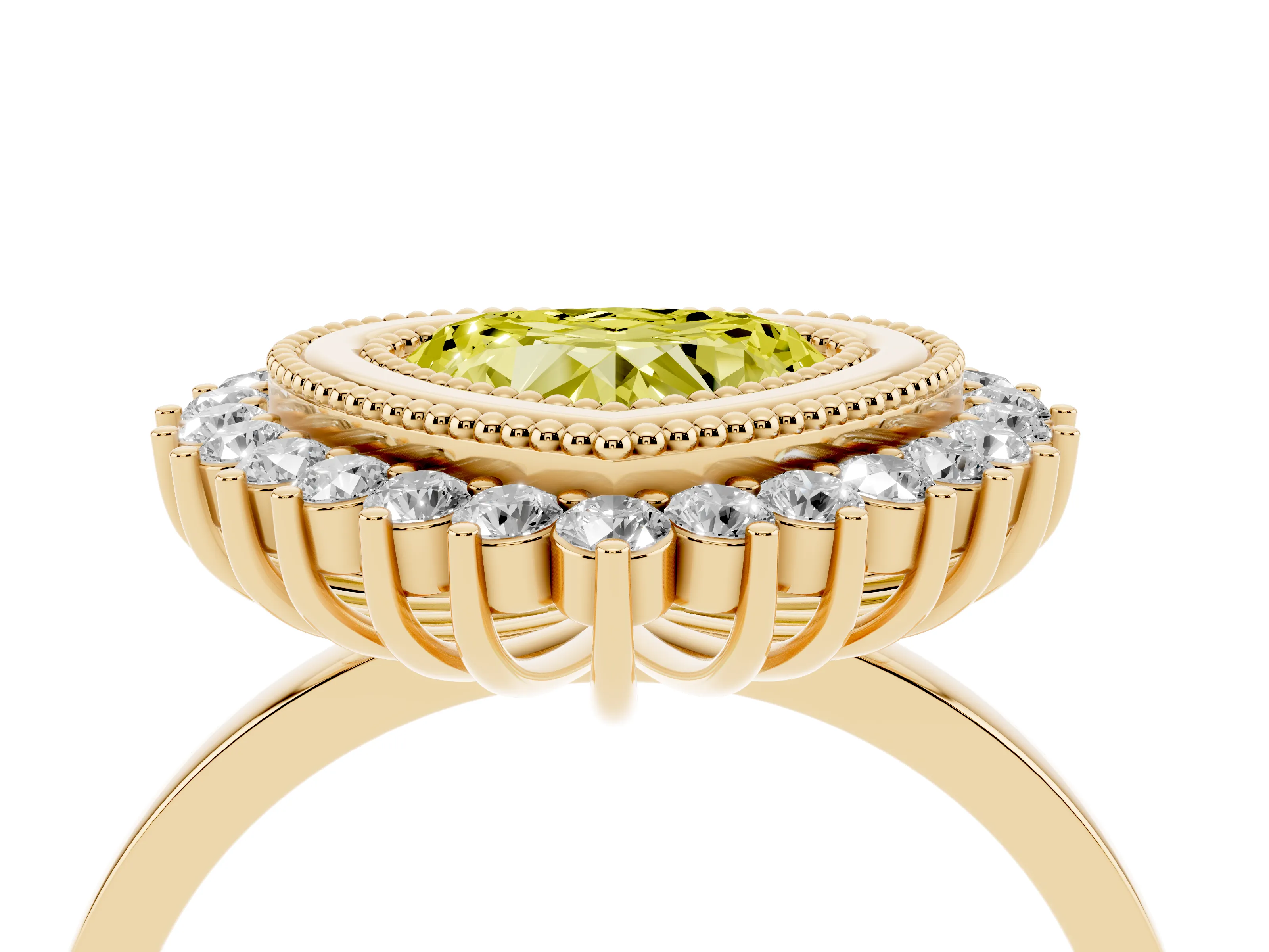 Fancy Yellow Heart Cut Diamond Halo Ring Set in Yellow gold with Milgrain Edge and Round Prong Setting