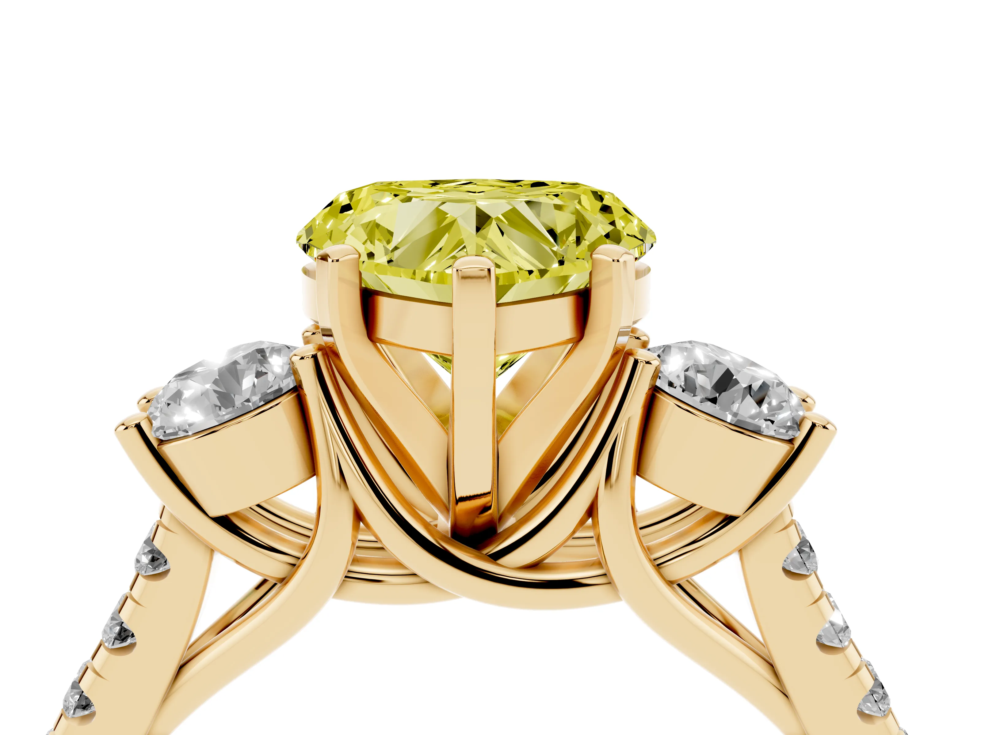 Fancy Yellow Three-Stone Heart Cut Diamond Pavé Band Ring Set in Yellow gold with Prong-Set Trio