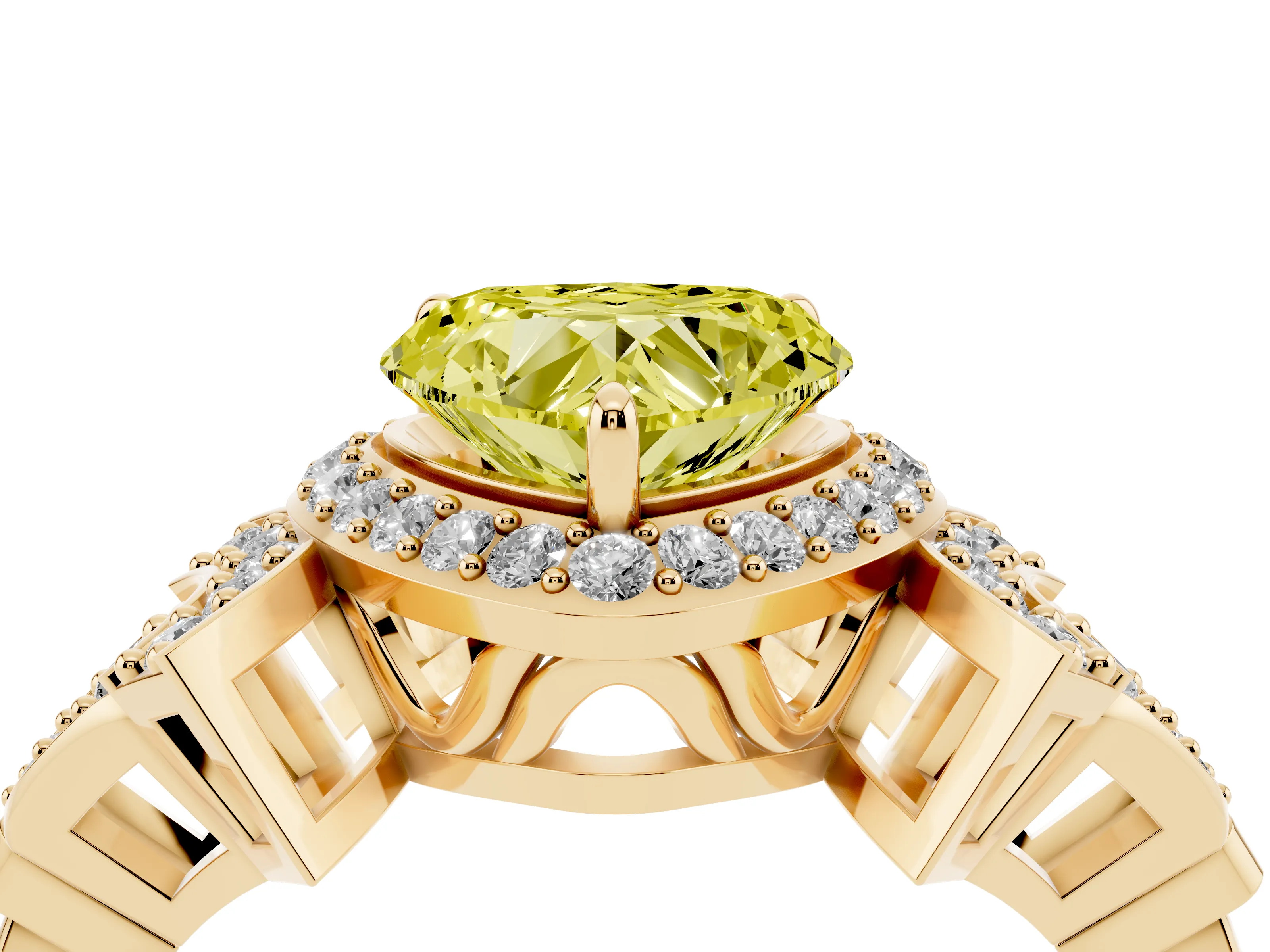 Fancy Yellow Heart Cut Diamond Halo Engagement Ring Set in Yellow gold with Accent Stone Split Shank