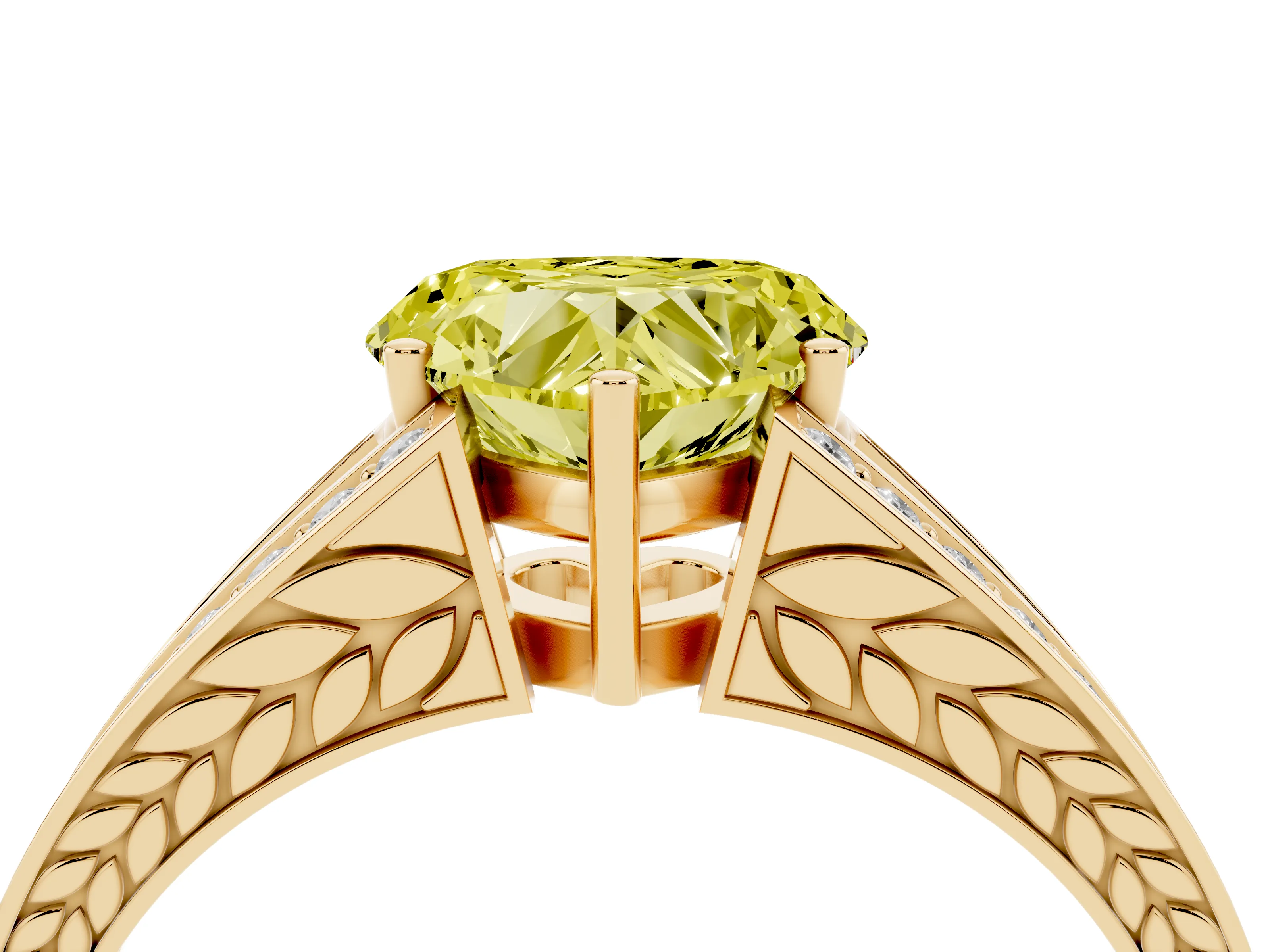 Fancy Yellow Heart Cut Diamond Split Shank Ring Set in Yellow gold with Pavé Band and Prong Setting