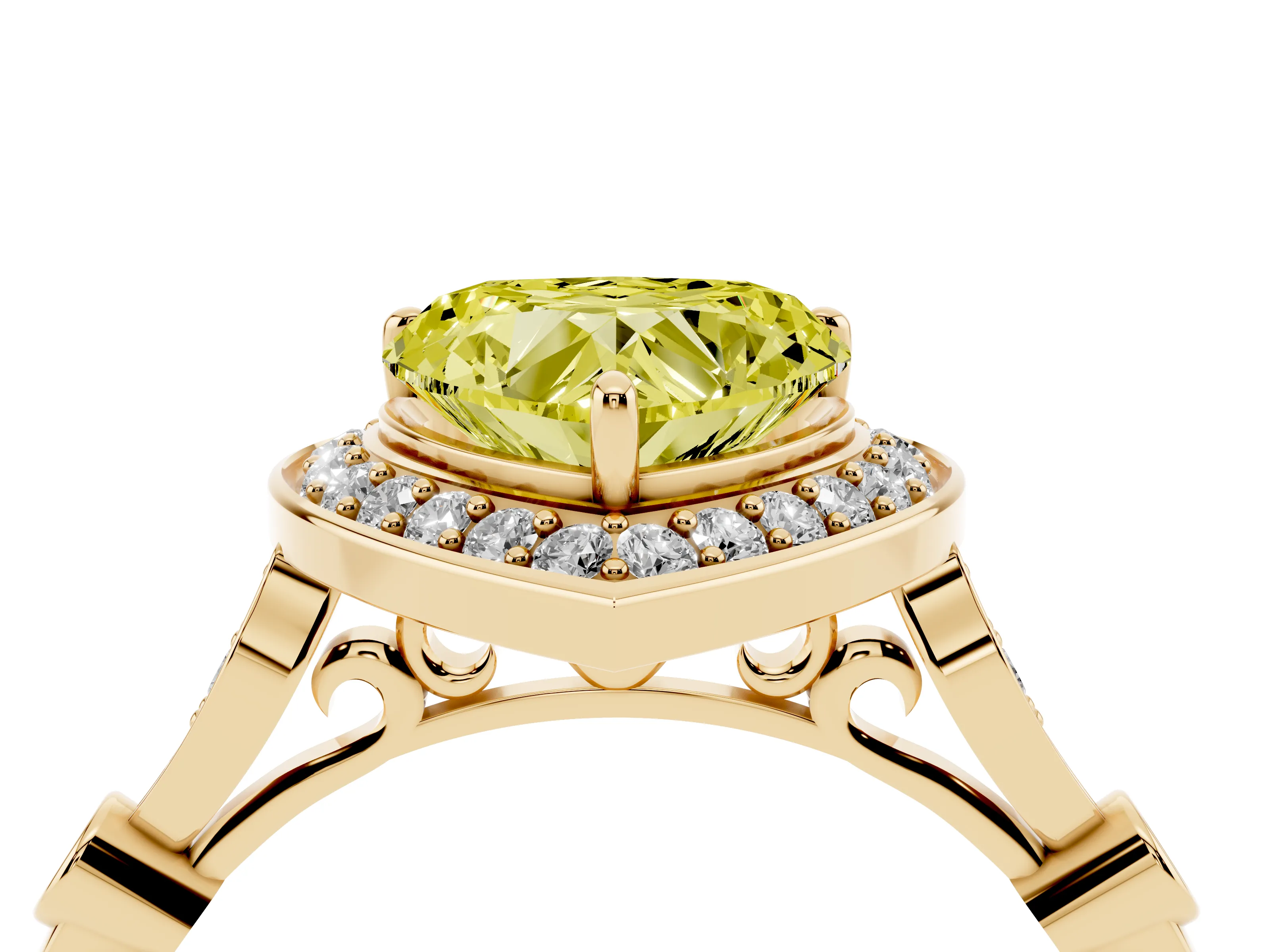 Fancy Yellow Heart Cut Diamond Halo Engagement Ring Set in Yellow gold with Twisted Band and Prong Setting